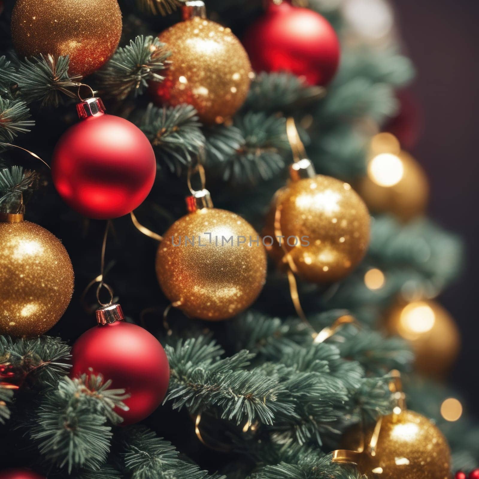 Close-UP of Christmas Tree, Red and Golden Ornaments against a Defocused Lights Background