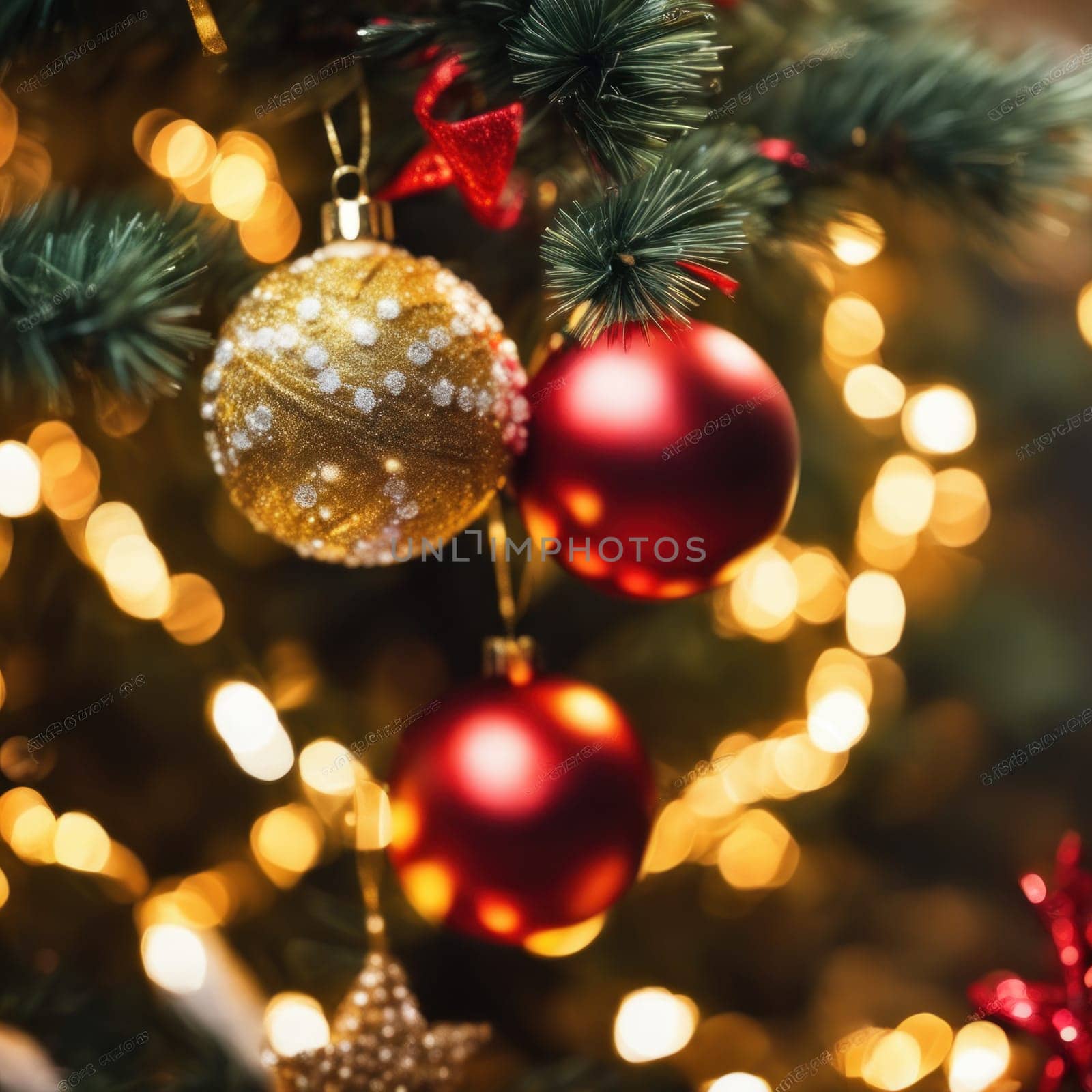 Close-UP of Christmas Tree, Red and Golden Ornaments against a Defocused Lights Background