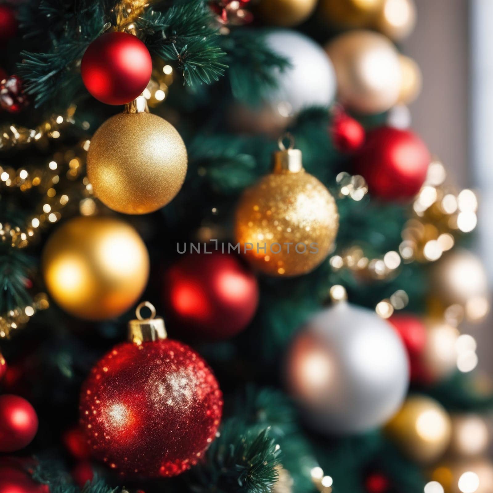 Close-UP of Christmas Tree, Red and Golden Ornaments against a Defocused Lights Background