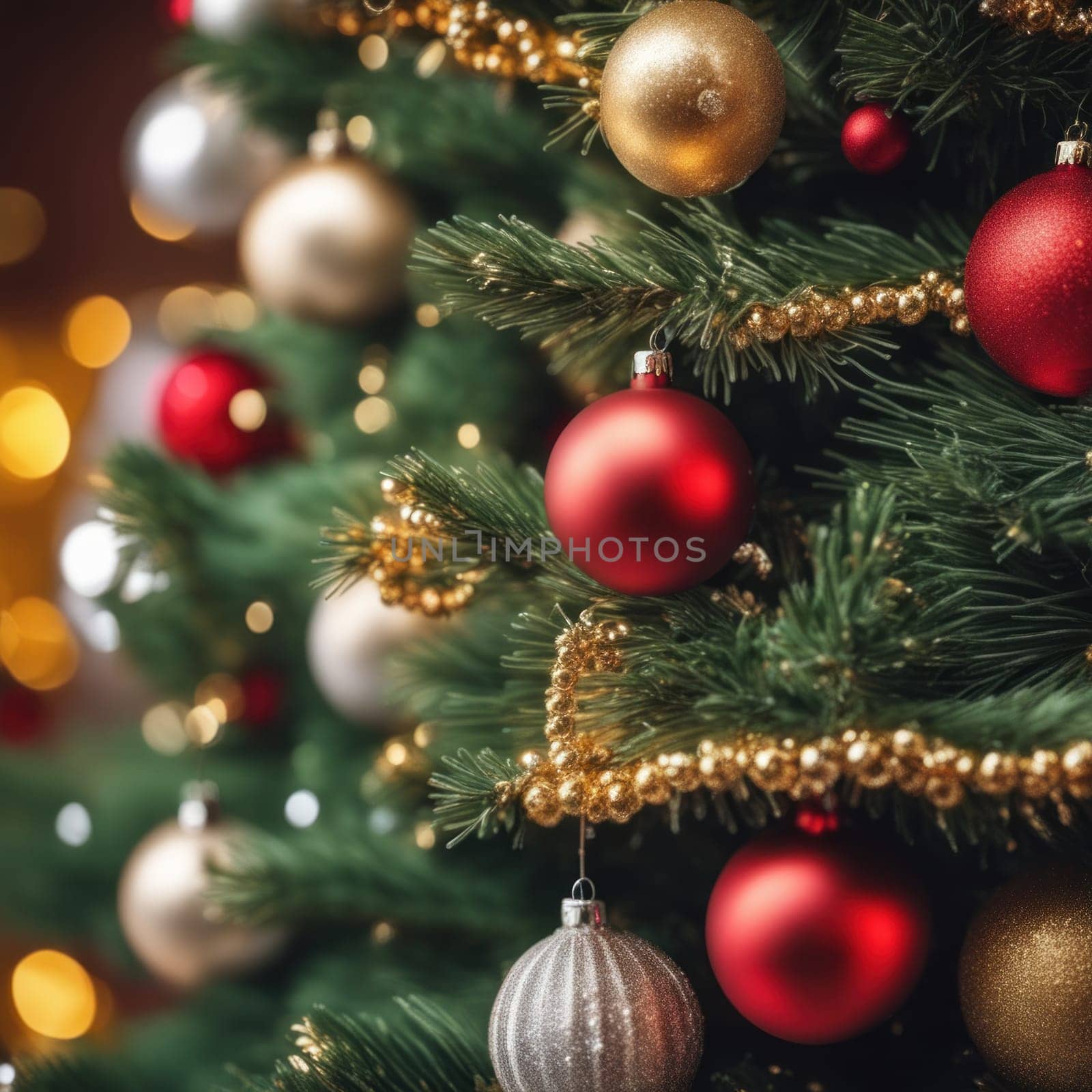 Close-UP of Christmas Tree, Red and Golden Ornaments against a Defocused Lights Background