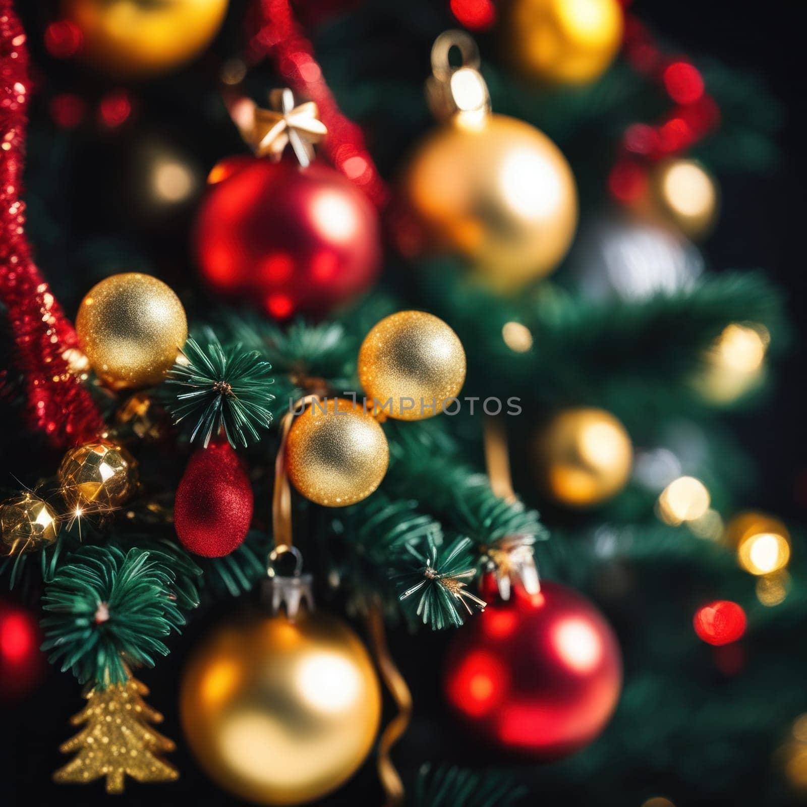 Close-UP of Christmas Tree, Red and Golden Ornaments against a Defocused Lights Background