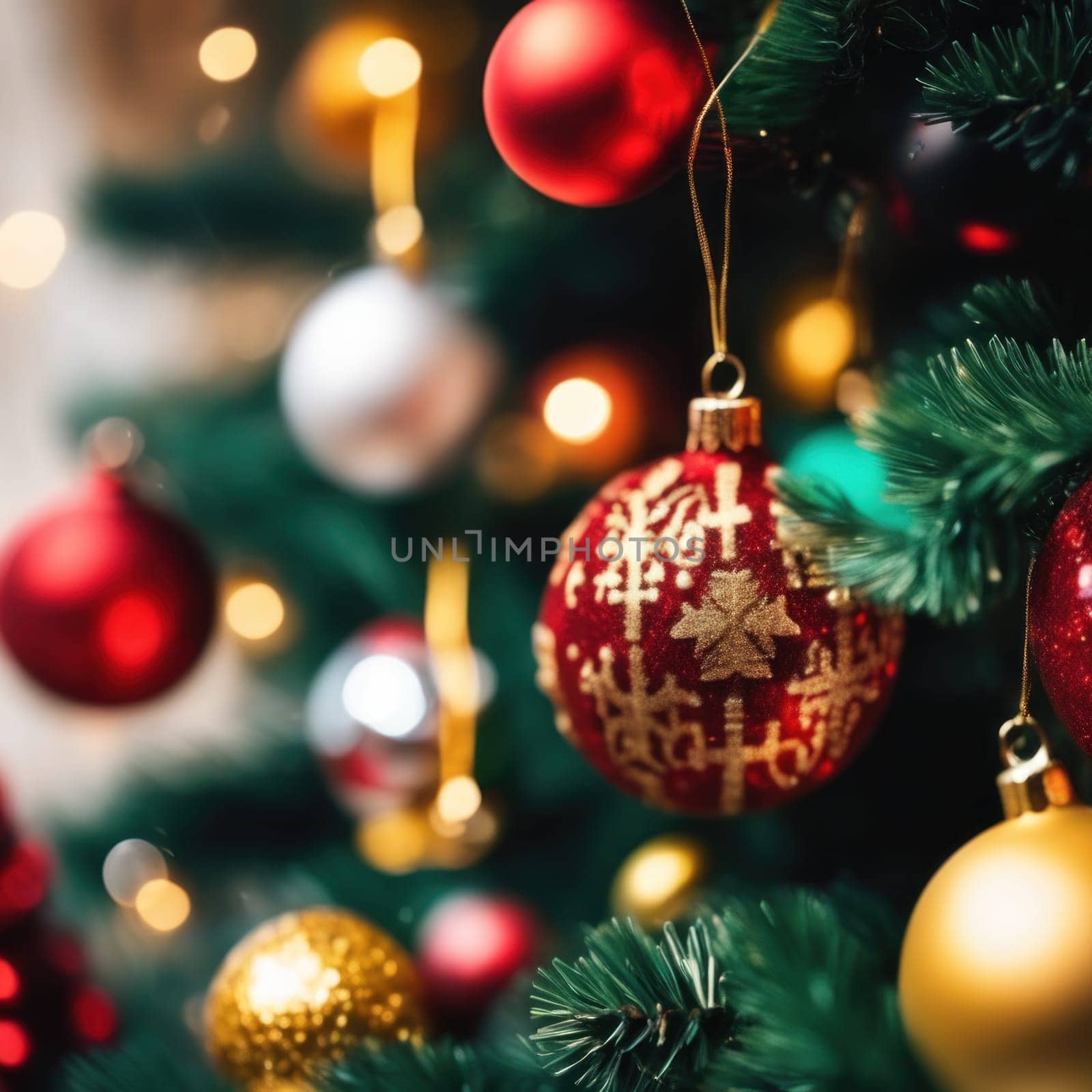 Close-UP of Christmas Tree, Red and Golden Ornaments against a Defocused Lights Background