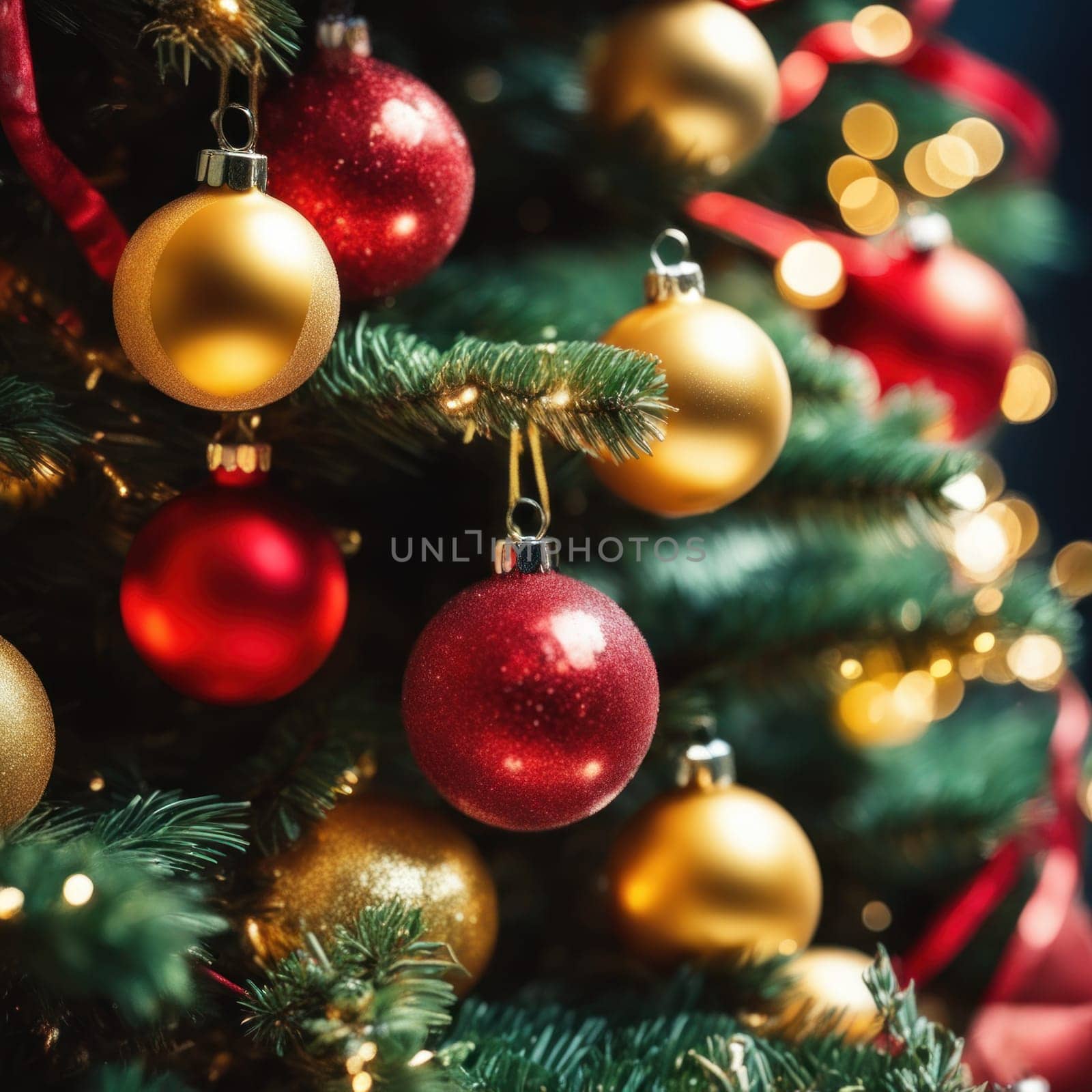 Close-UP of Christmas Tree, Red and Golden Ornaments against a Defocused Lights Background