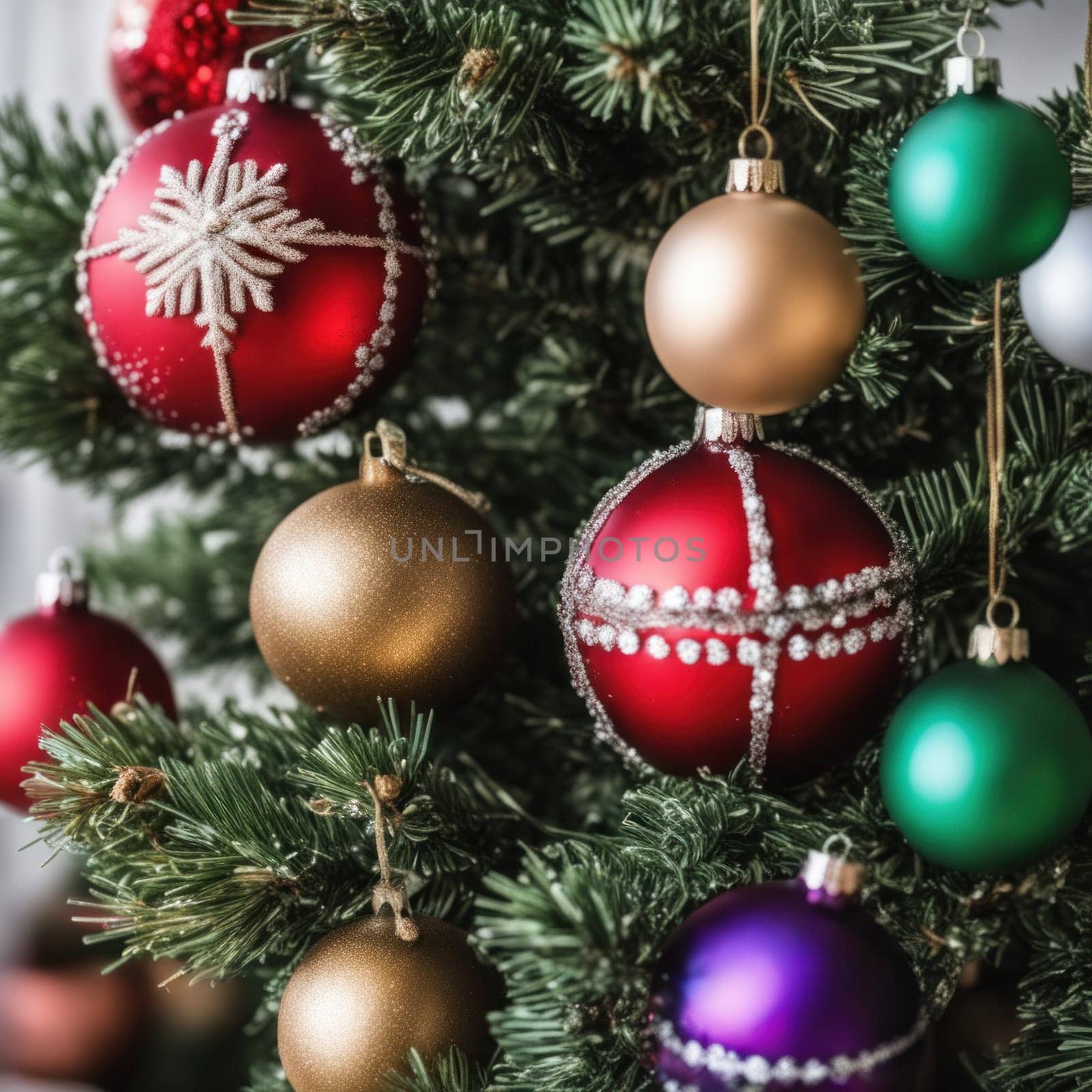 Close-UP of Christmas Tree, Red and Golden Ornaments against a Defocused Lights Background