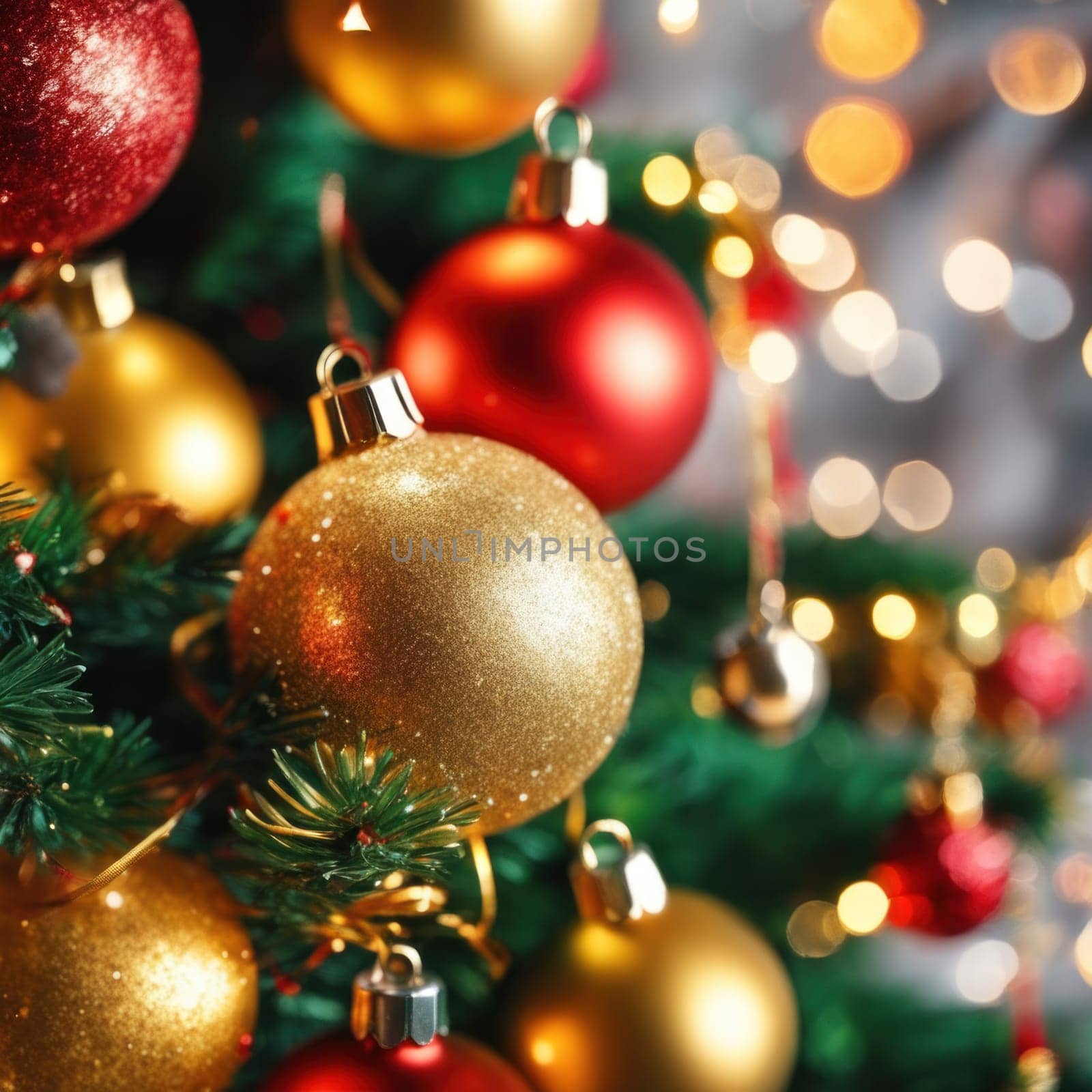 Close-UP of Christmas Tree, Red and Golden Ornaments against a Defocused Lights Background