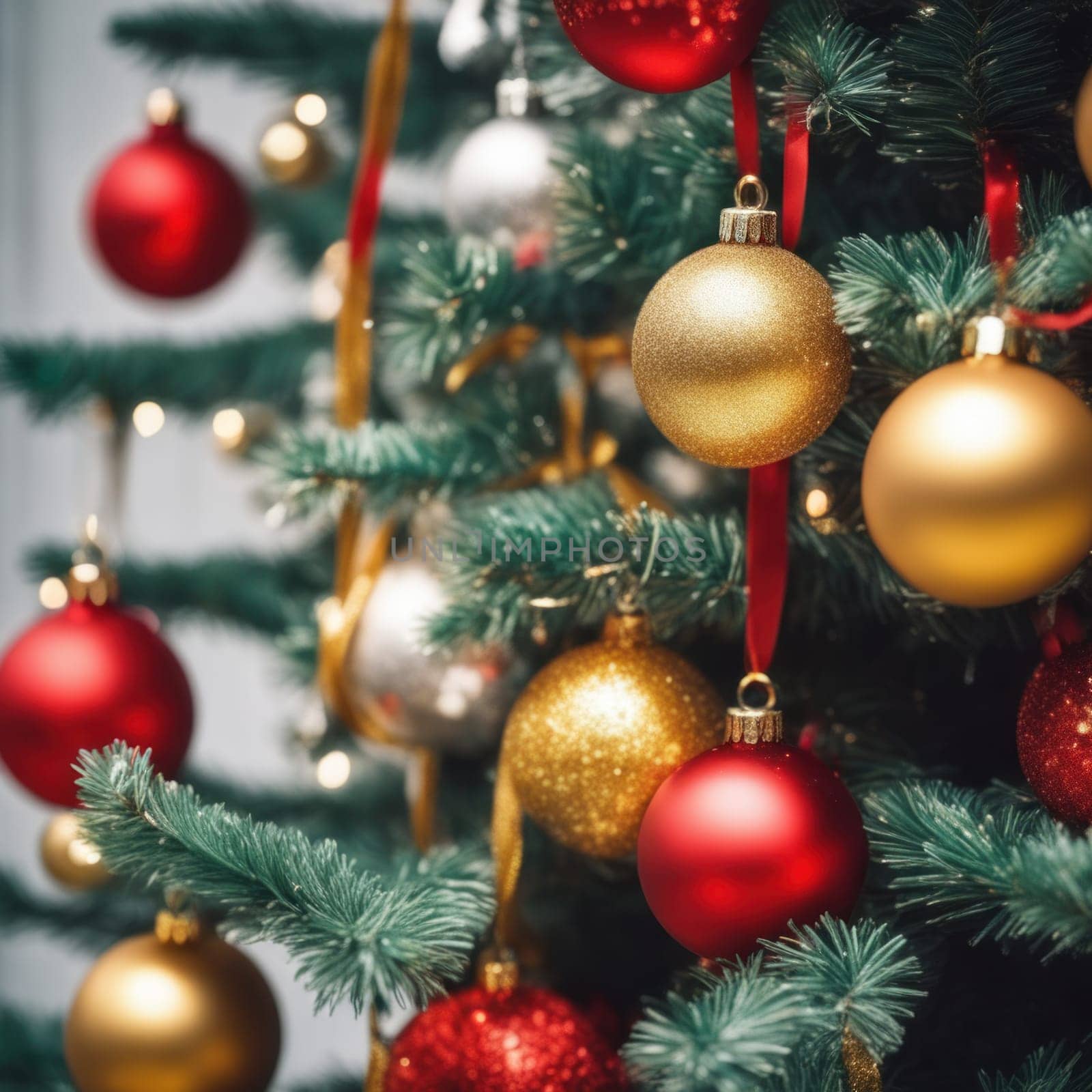 Close-UP of Christmas Tree, Red and Golden Ornaments against a Defocused Lights Background