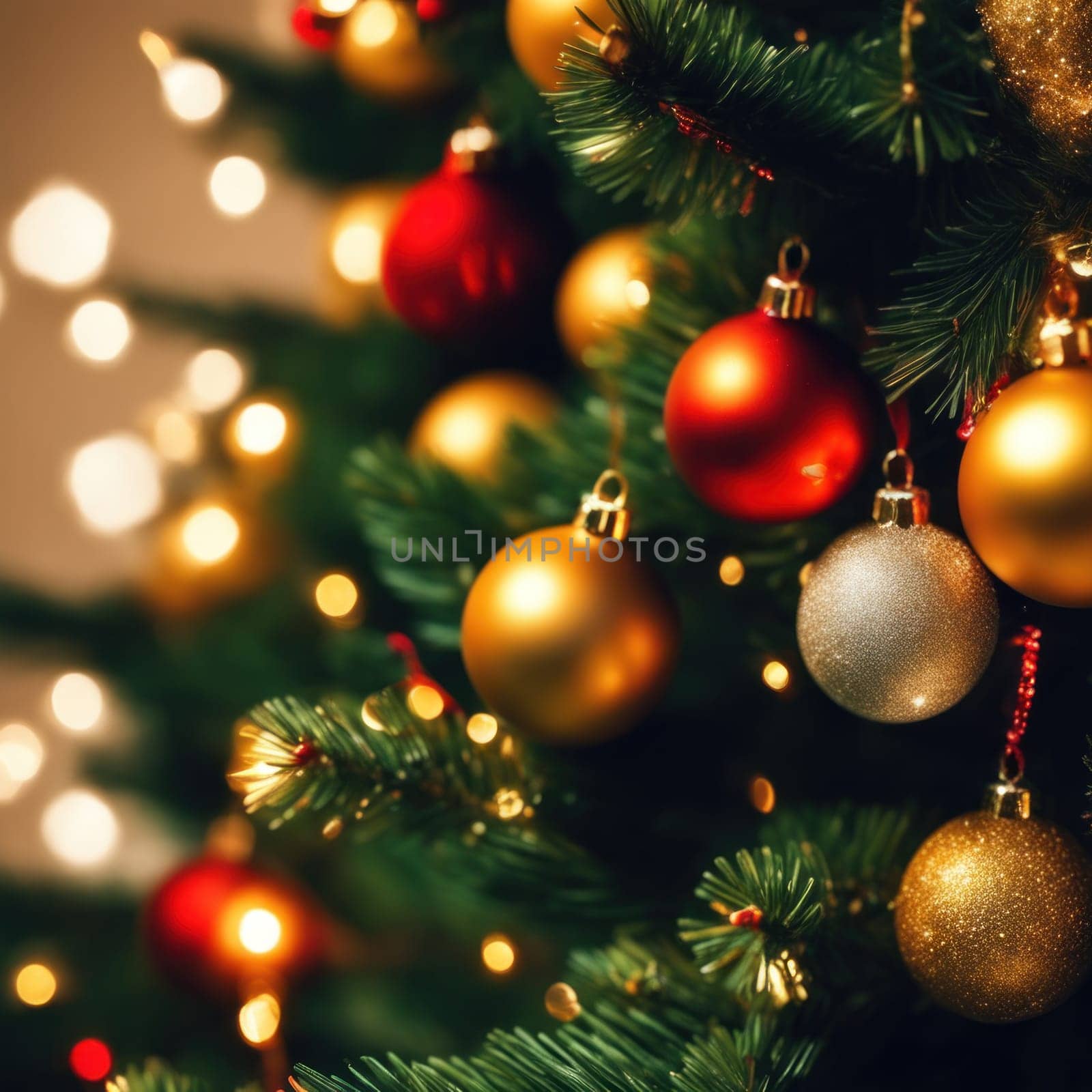 Close-UP of Christmas Tree, Red and Golden Ornaments against a Defocused Lights Background