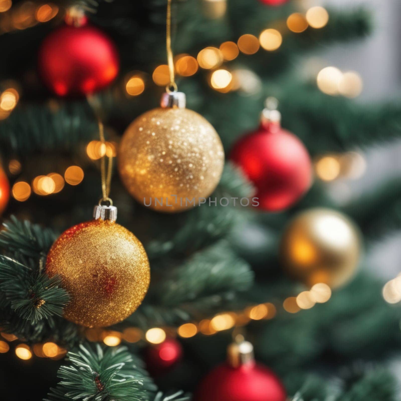 Close-UP of Christmas Tree, Red and Golden Ornaments against a Defocused Lights Background