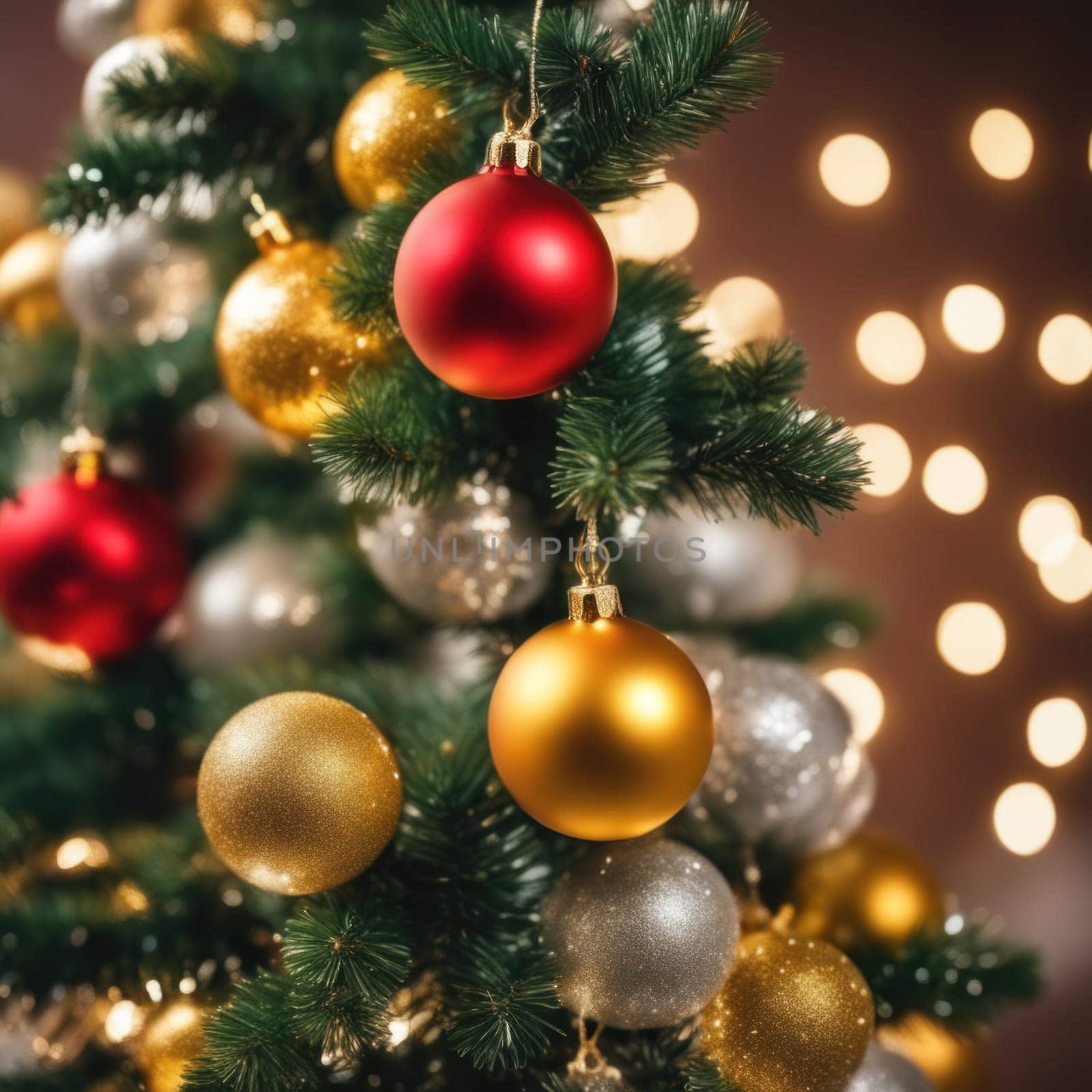 Close-UP of Christmas Tree, Red and Golden Ornaments against a Defocused Lights Background