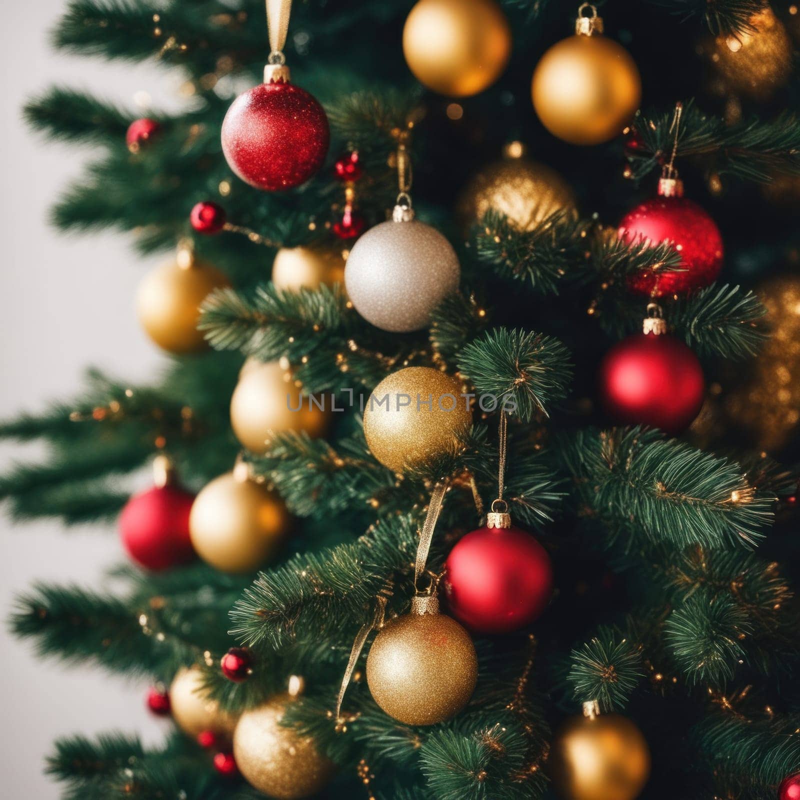 Close-UP of Christmas Tree, Red and Golden Ornaments against a Defocused Lights Background