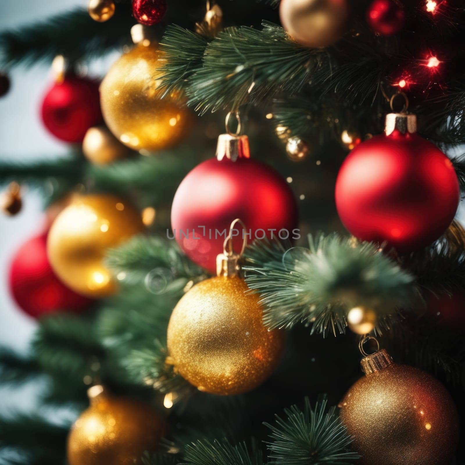 Close-UP of Christmas Tree, Red and Golden Ornaments against a Defocused Lights Background