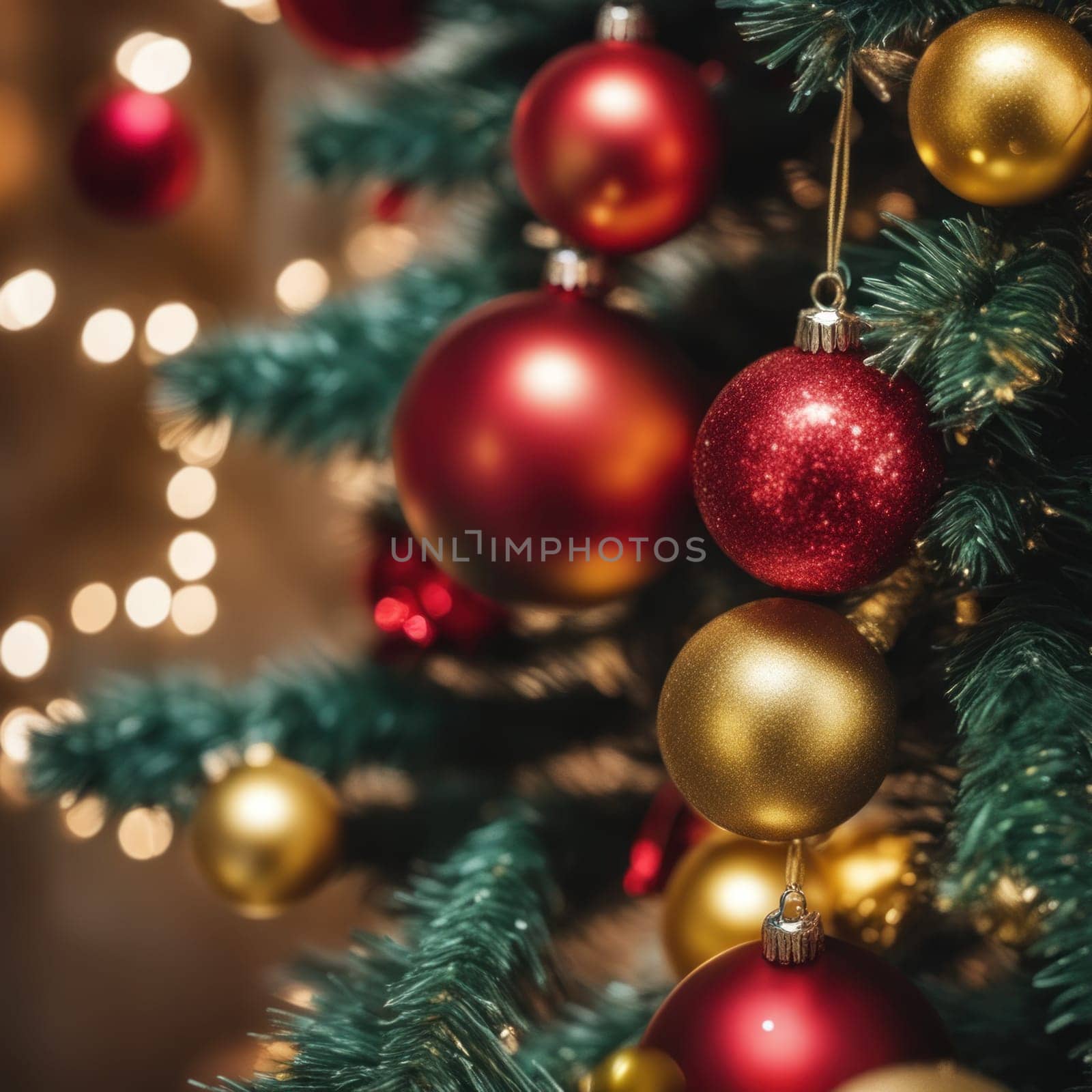 Close-UP of Christmas Tree, Red and Golden Ornaments against a Defocused Lights Background