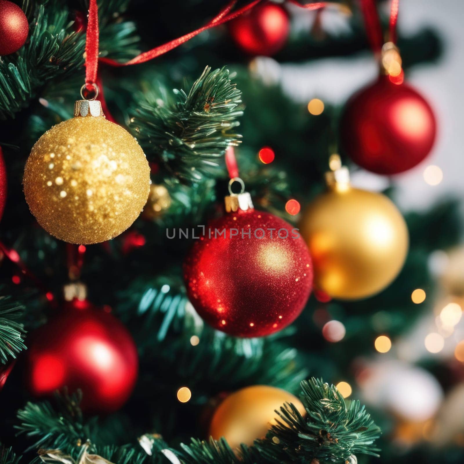 Close-UP of Christmas Tree, Red and Golden Ornaments against a Defocused Lights Background