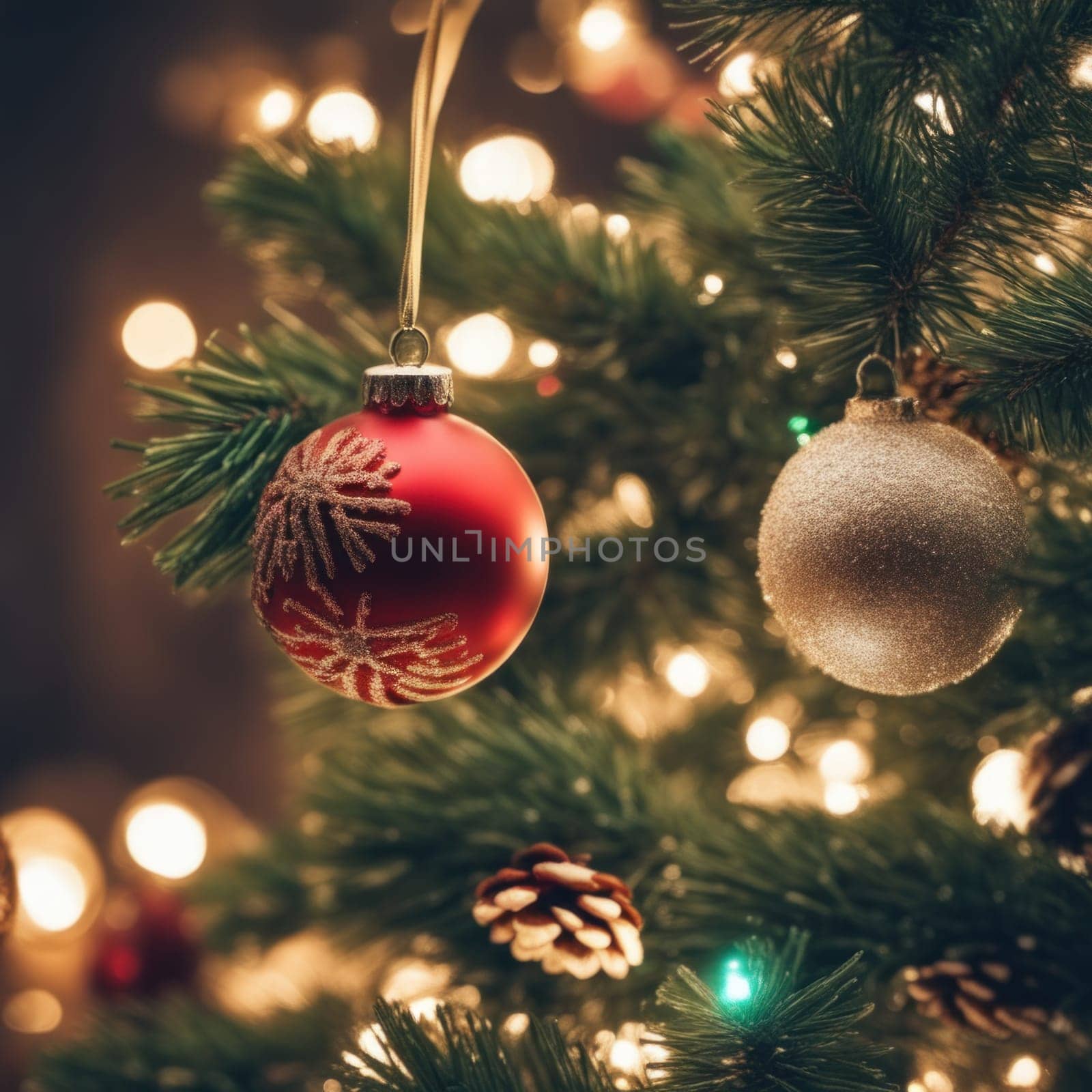 Close-UP of Christmas Tree, Red and Golden Ornaments against a Defocused Lights Background