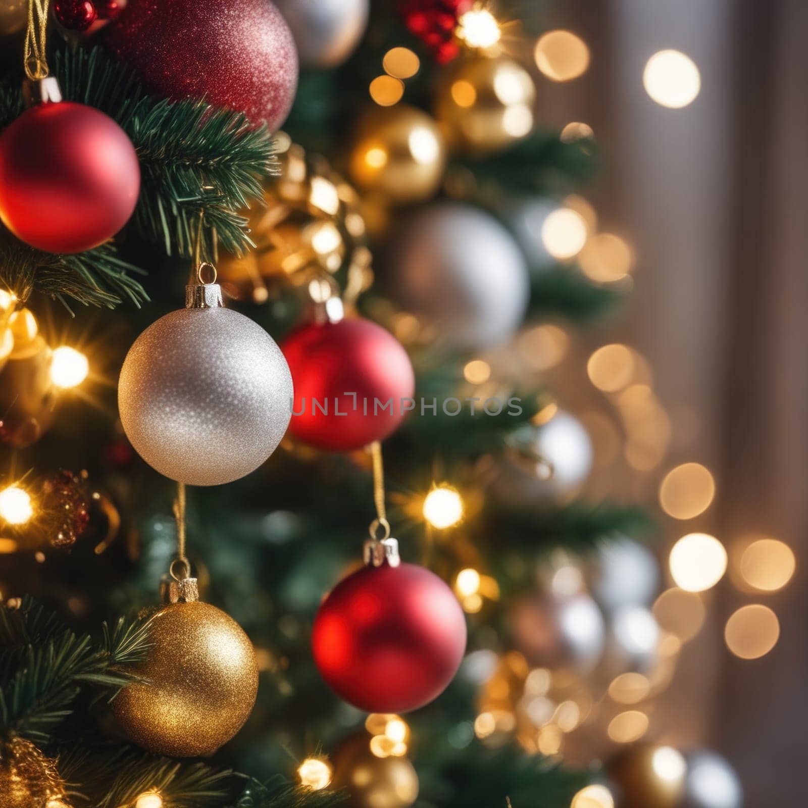 Close-UP of Christmas Tree, Red and Golden Ornaments against a Defocused Lights Background