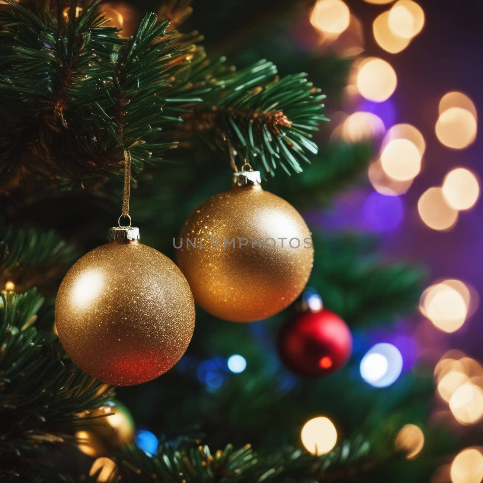 Close-UP of Christmas Tree, Red and Golden Ornaments against a Defocused Lights Background