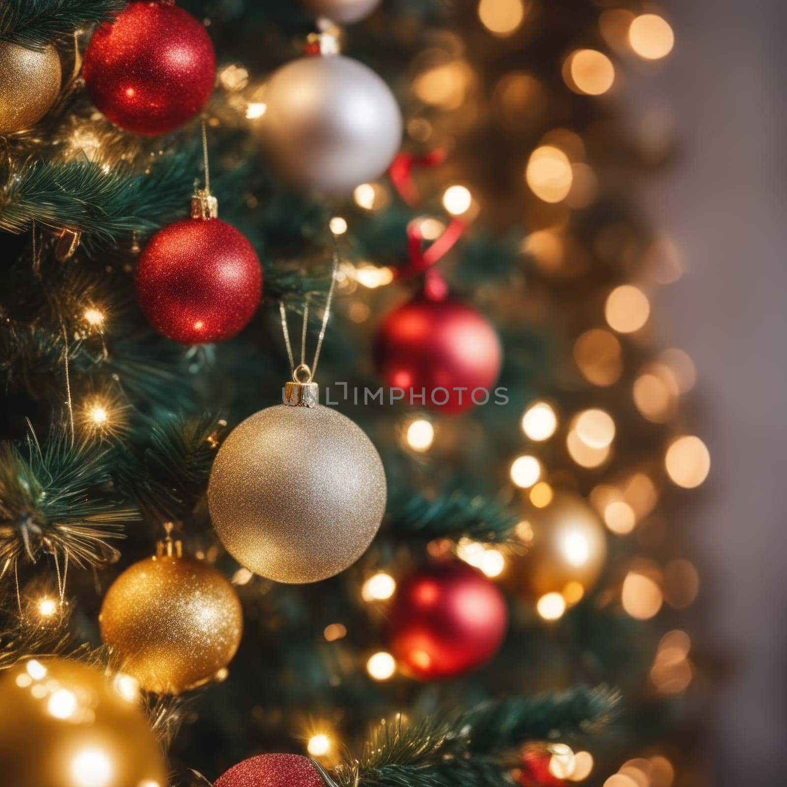 Close-UP of Christmas Tree, Red and Golden Ornaments against a Defocused Lights Background