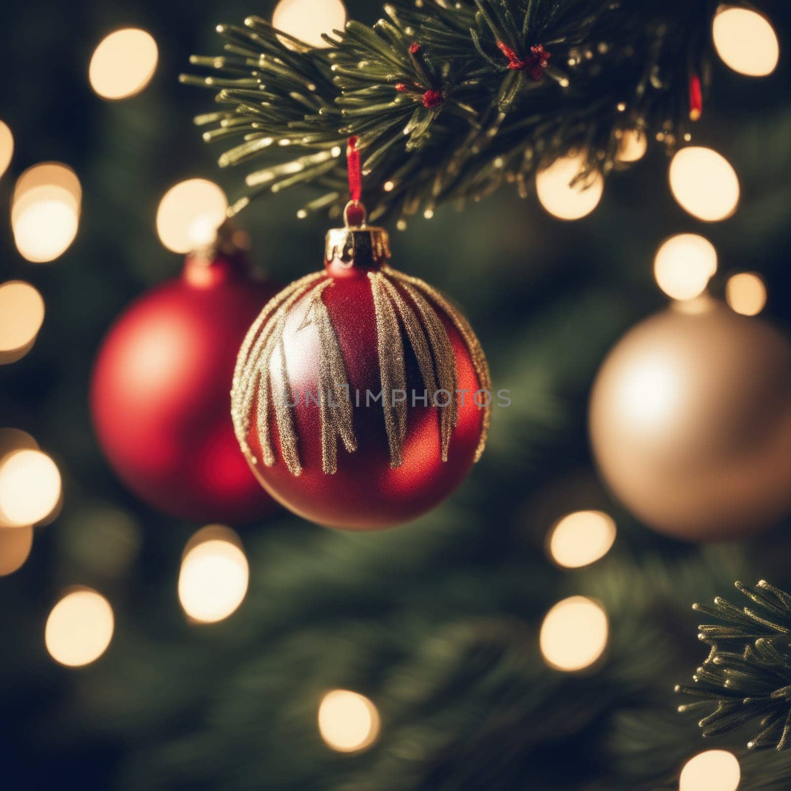 Close-UP of Christmas Tree, Red and Golden Ornaments against a Defocused Lights Background by shaadjutt36