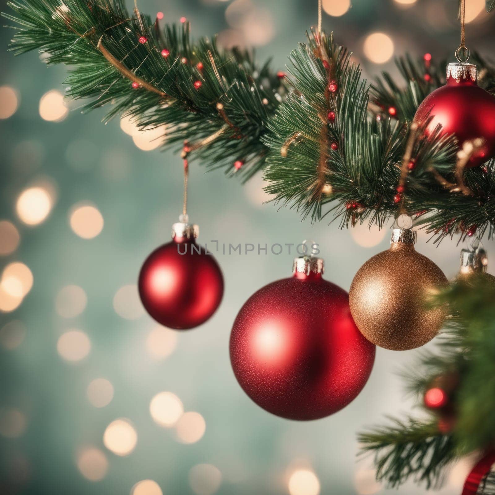 Close-UP of Christmas Tree, Red and Golden Ornaments against a Defocused Lights Background