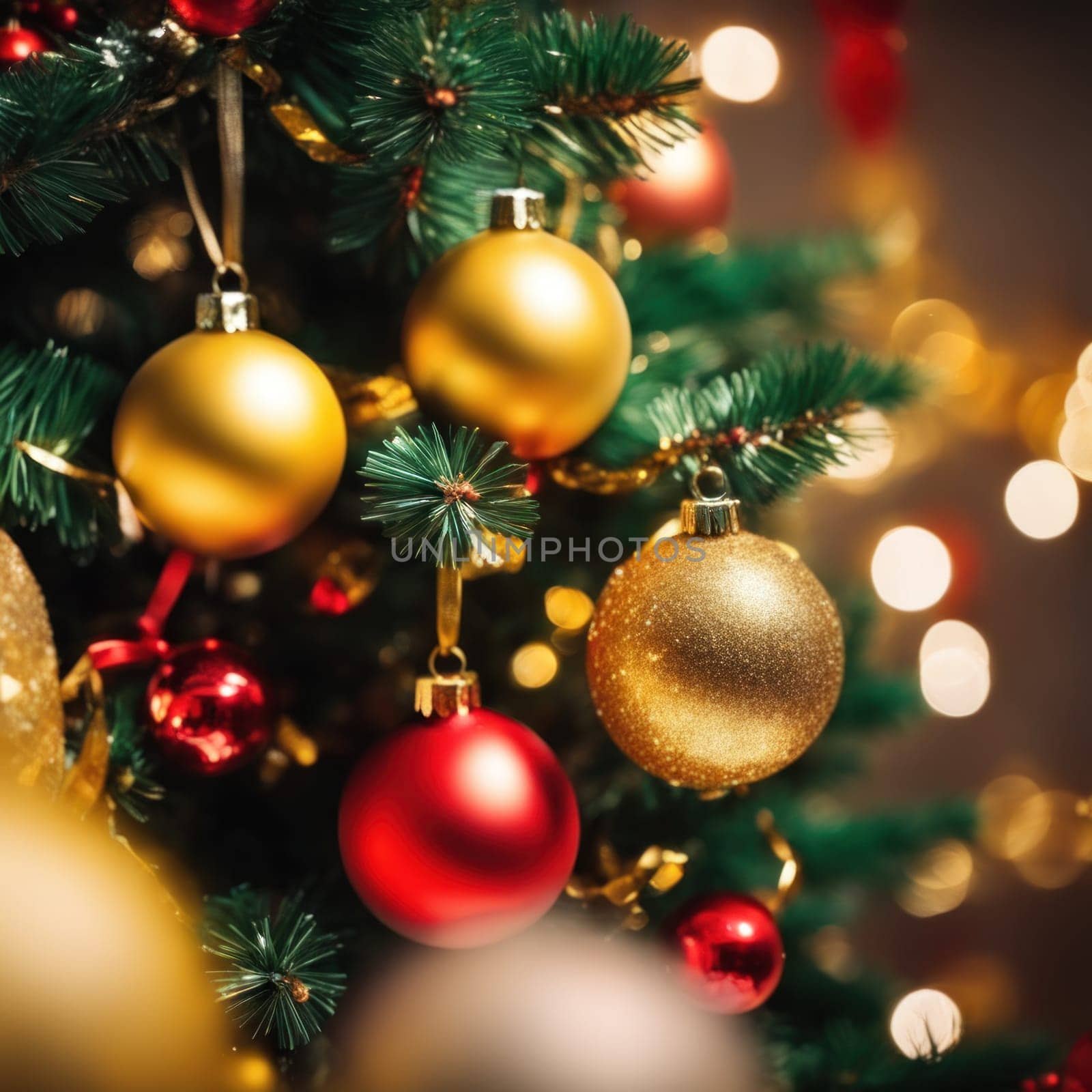 Close-UP of Christmas Tree, Red and Golden Ornaments against a Defocused Lights Background