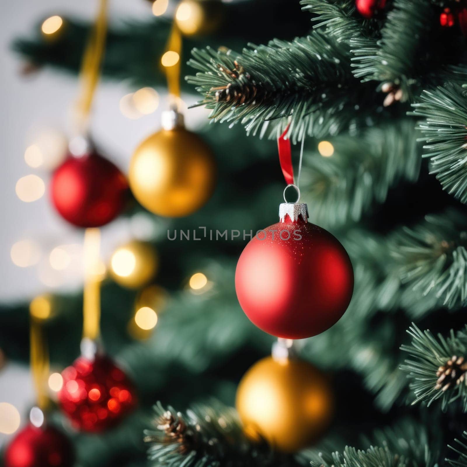 Close-UP of Christmas Tree, Red and Golden Ornaments against a Defocused Lights Background