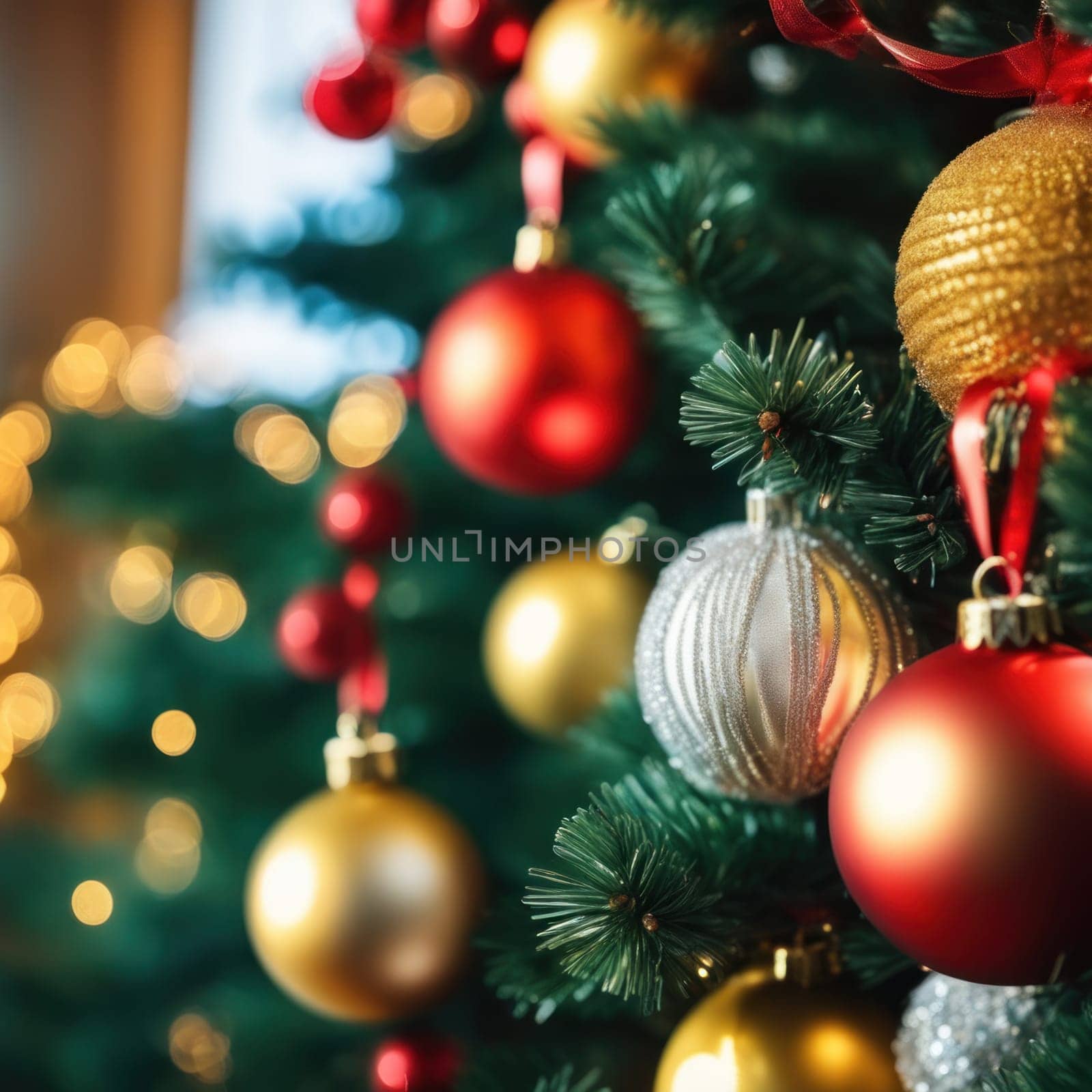 Close-UP of Christmas Tree, Red and Golden Ornaments against a Defocused Lights Background