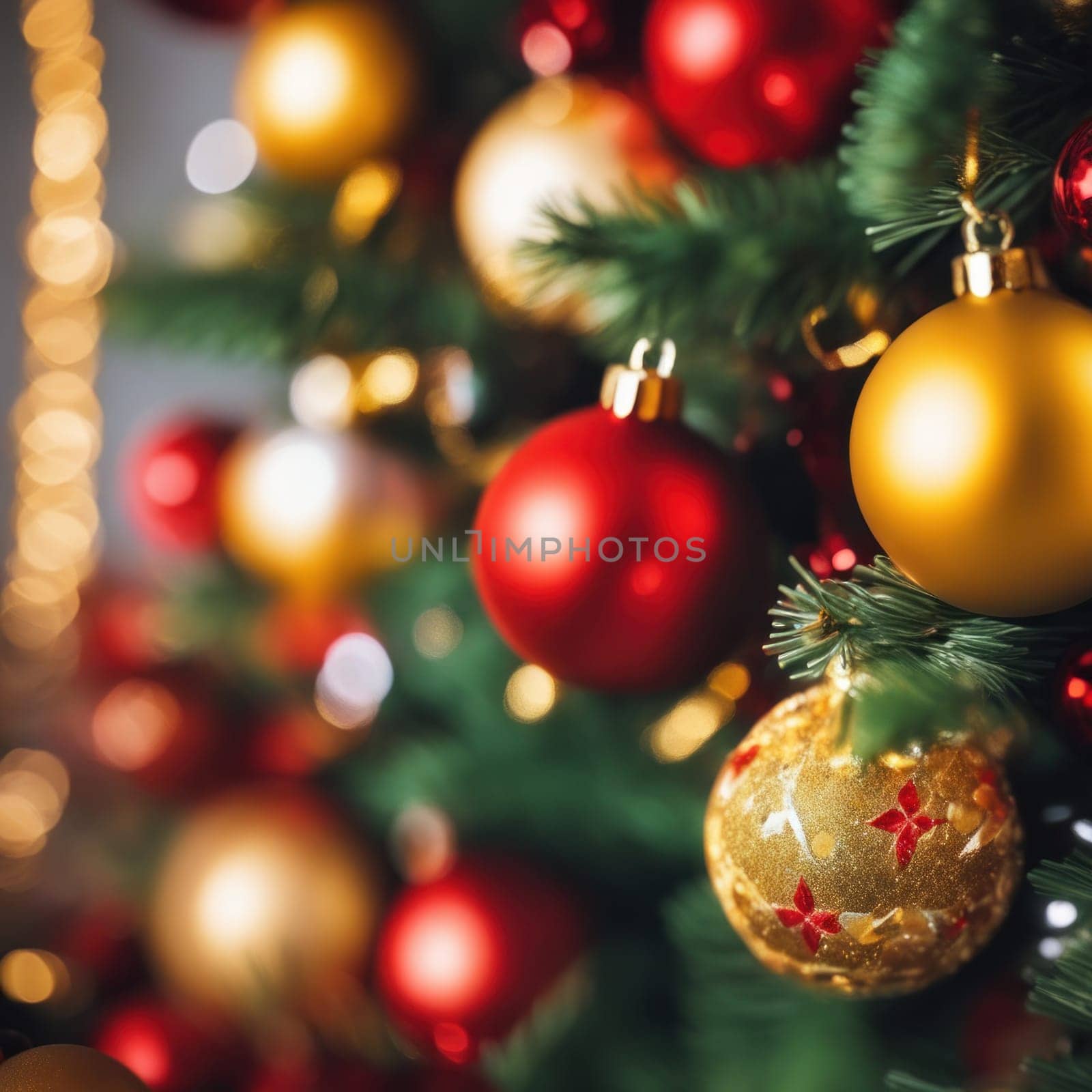 Close-UP of Christmas Tree, Red and Golden Ornaments against a Defocused Lights Background