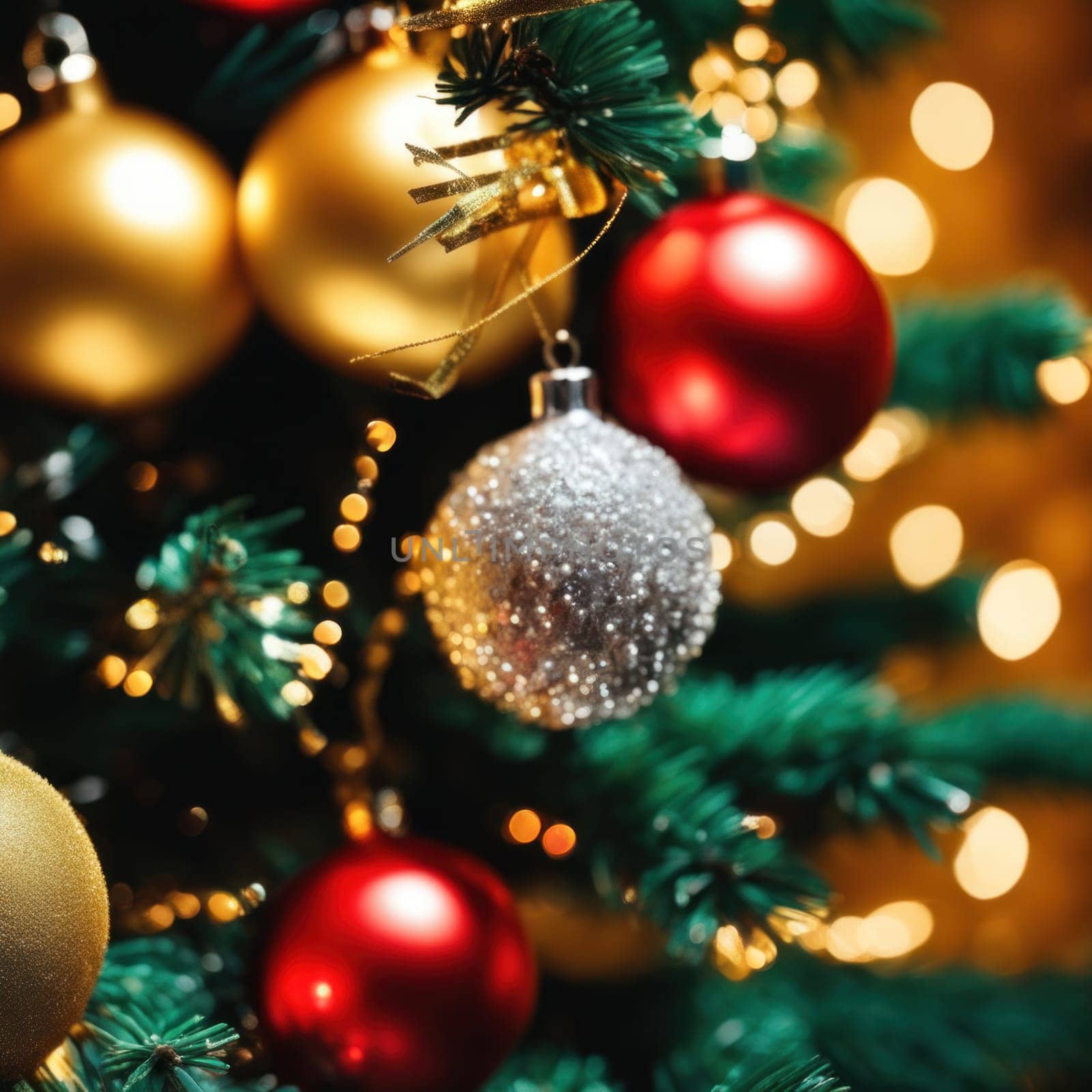 Close-UP of Christmas Tree, Red and Golden Ornaments against a Defocused Lights Background