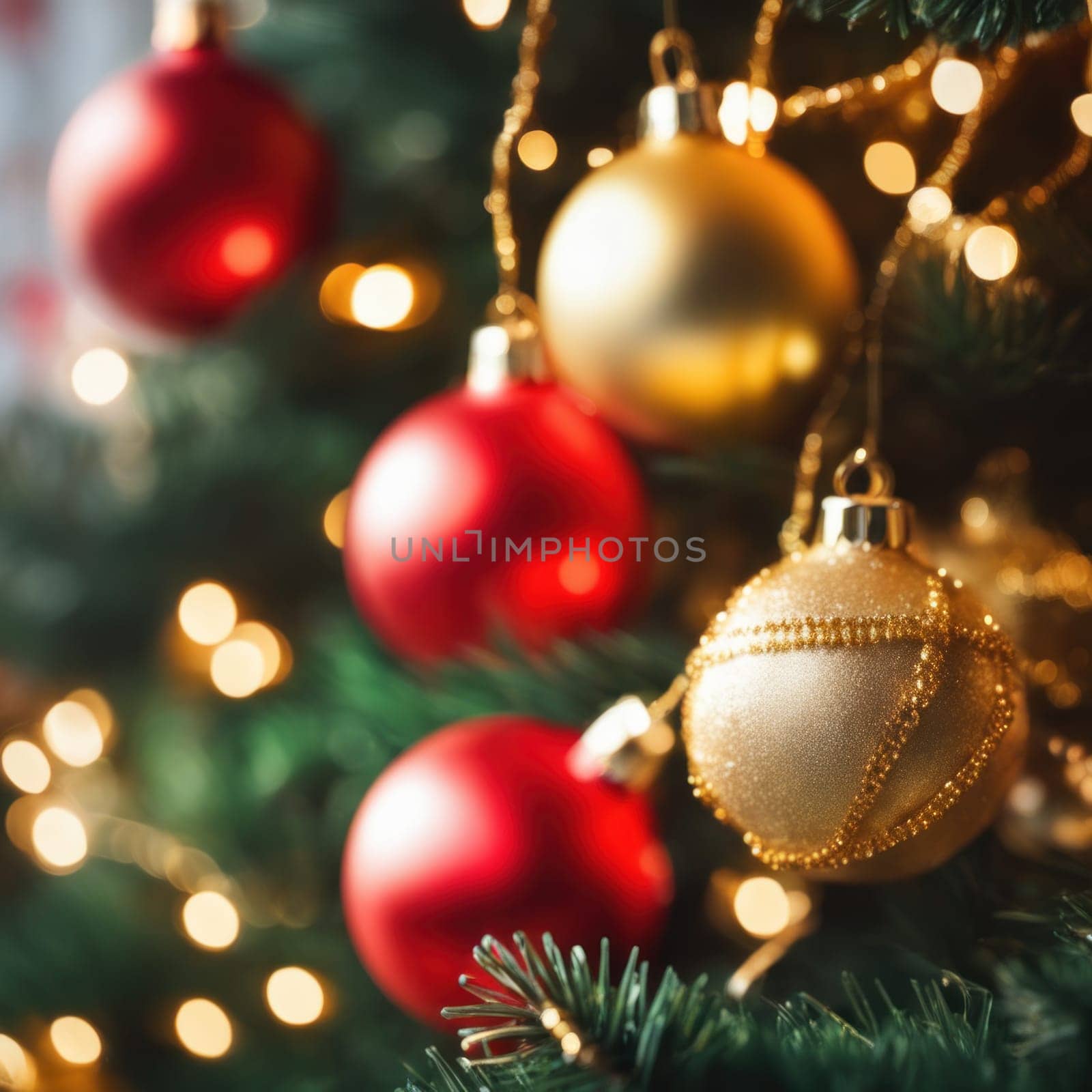 Close-UP of Christmas Tree, Red and Golden Ornaments against a Defocused Lights Background