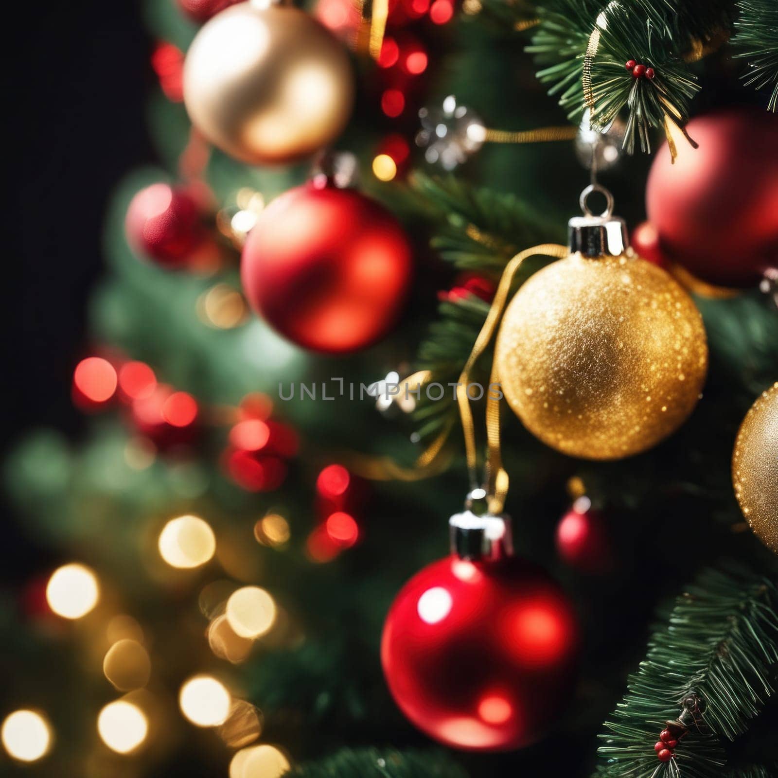 Close-UP of Christmas Tree, Red and Golden Ornaments against a Defocused Lights Background