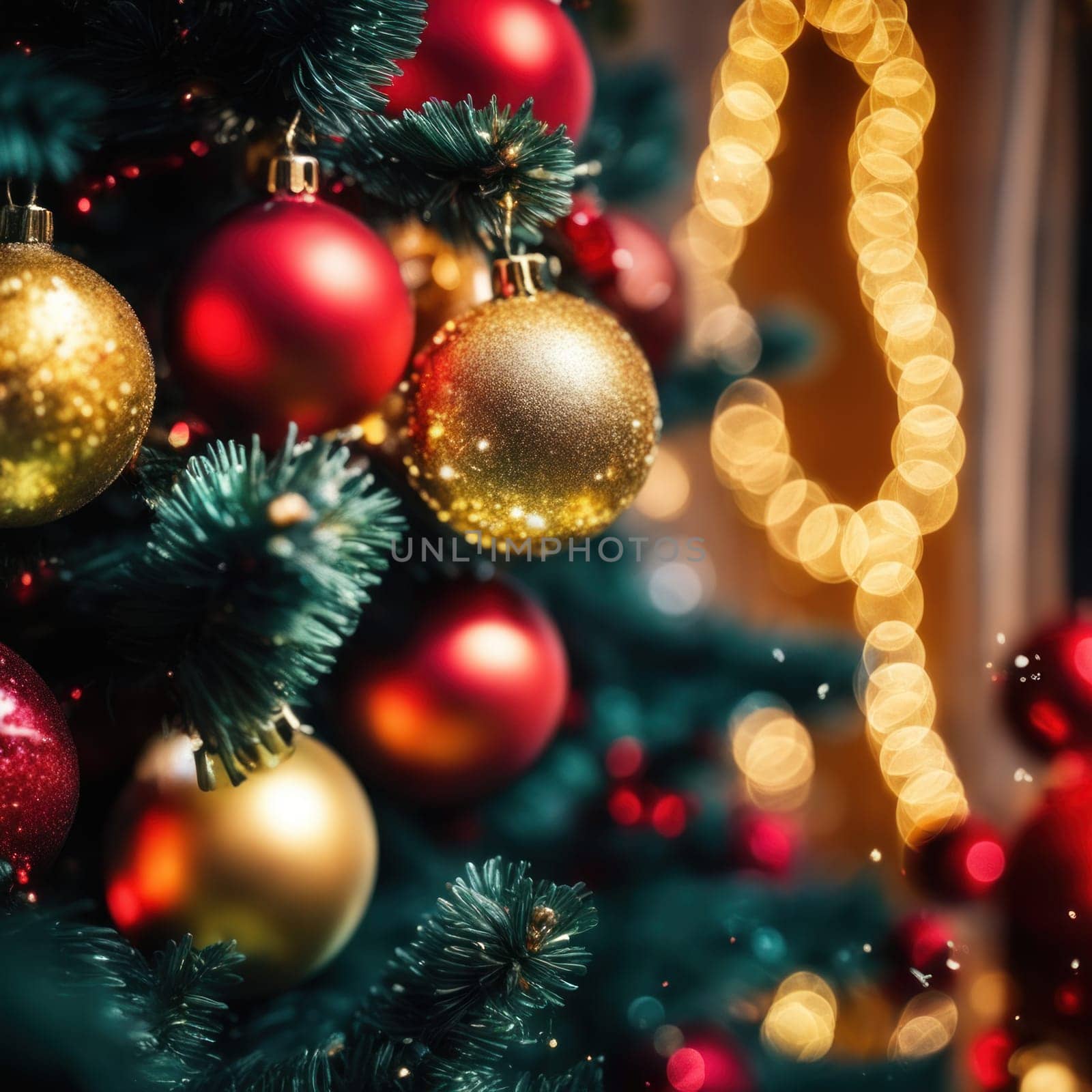 Close-UP of Christmas Tree, Red and Golden Ornaments against a Defocused Lights Background