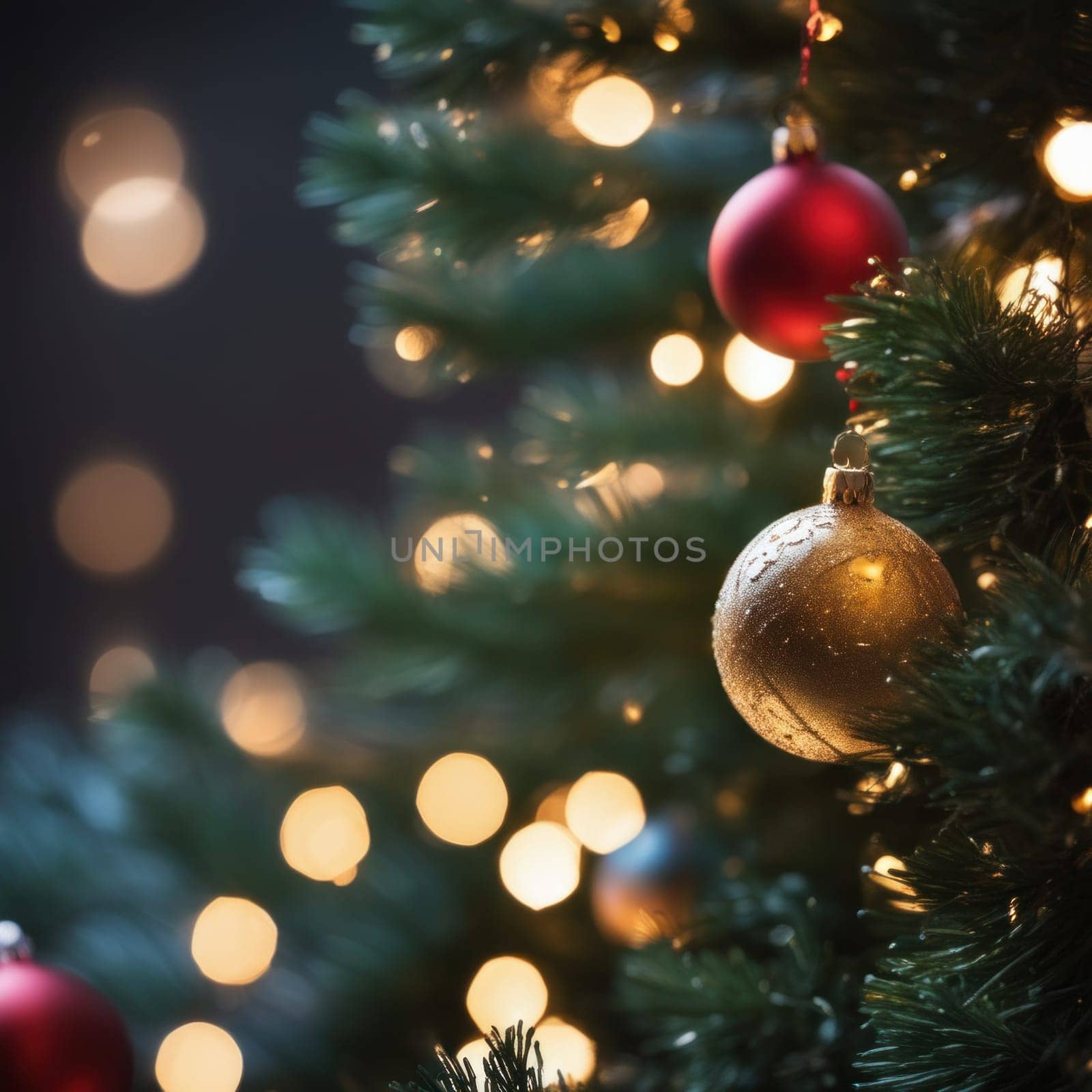 Close-UP of Christmas Tree, Red and Golden Ornaments against a Defocused Lights Background