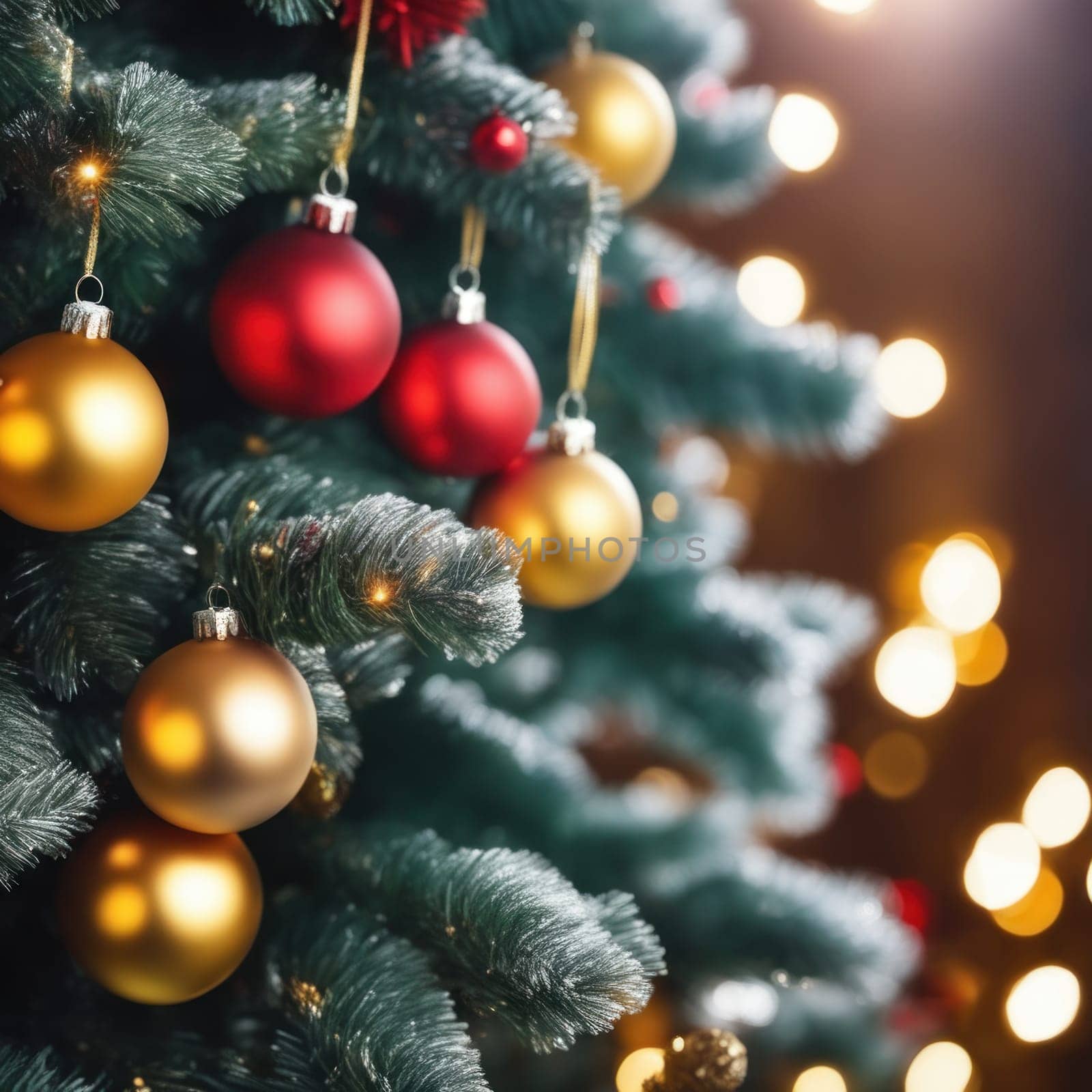 Close-UP of Christmas Tree, Red and Golden Ornaments against a Defocused Lights Background by shaadjutt36