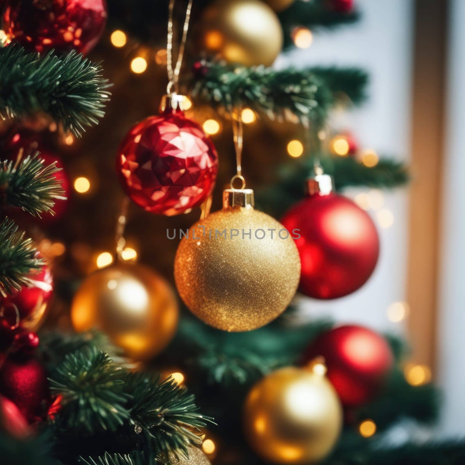 Close-UP of Christmas Tree, Red and Golden Ornaments against a Defocused Lights Background