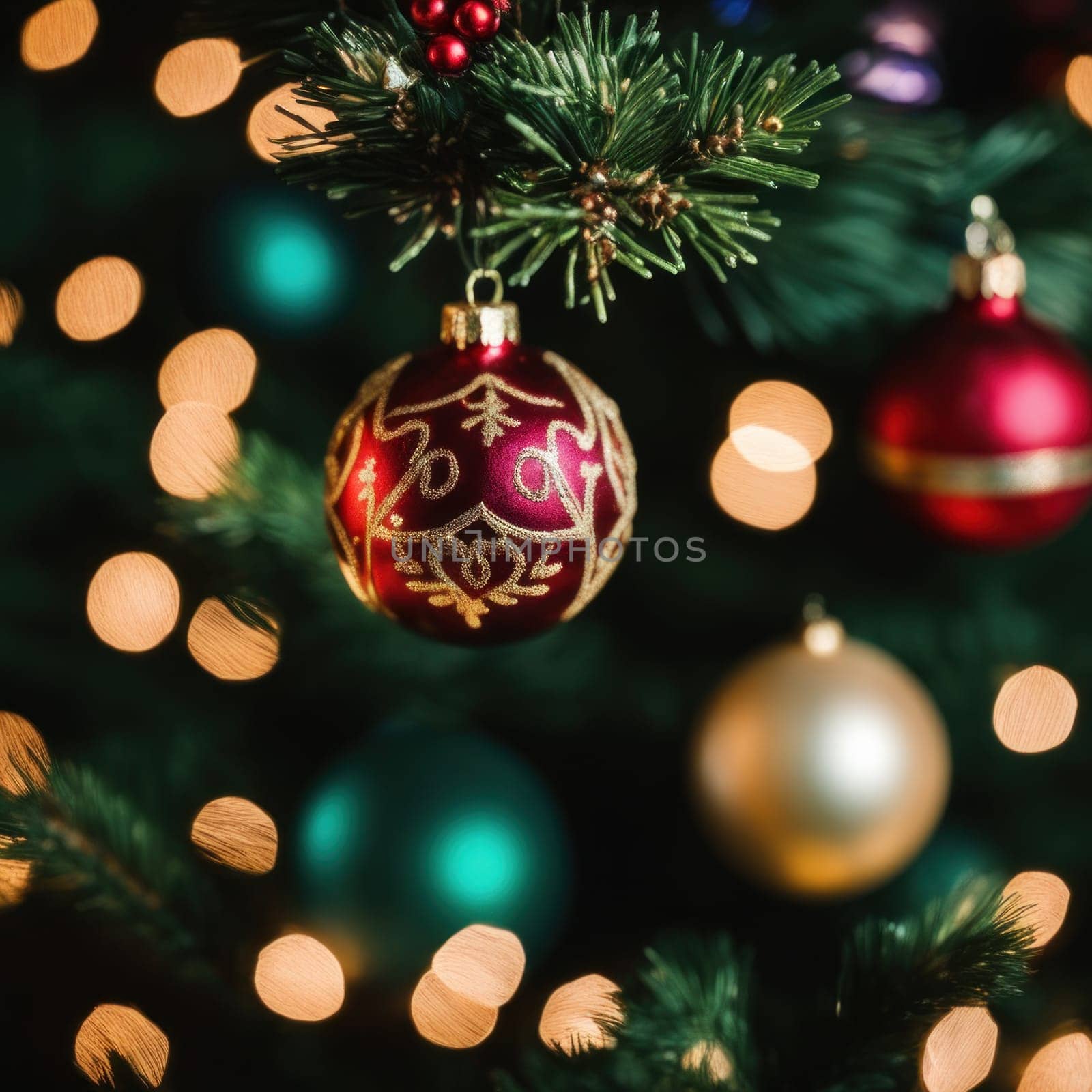 Close-UP of Christmas Tree, Red and Golden Ornaments against a Defocused Lights Background