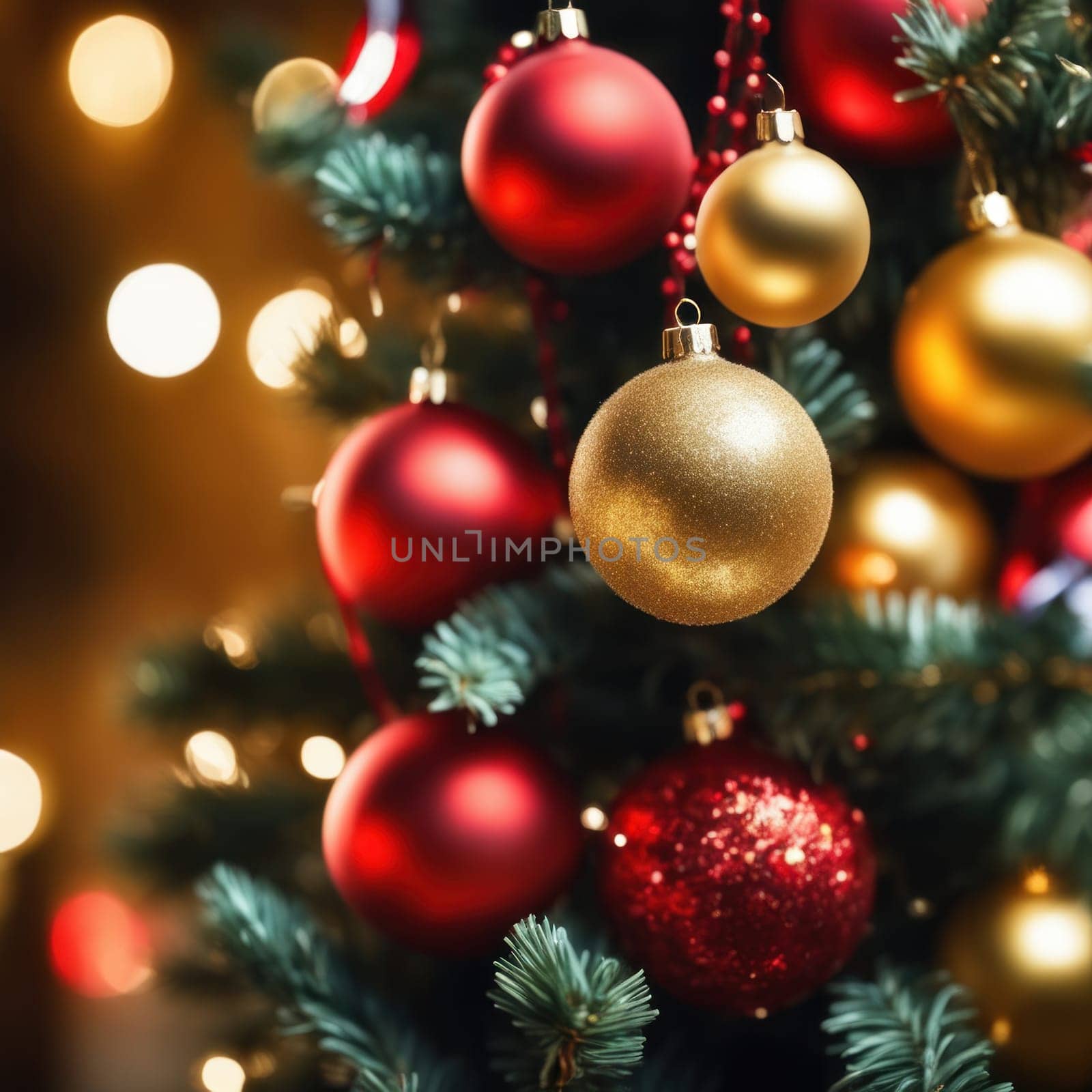 Close-UP of Christmas Tree, Red and Golden Ornaments against a Defocused Lights Background