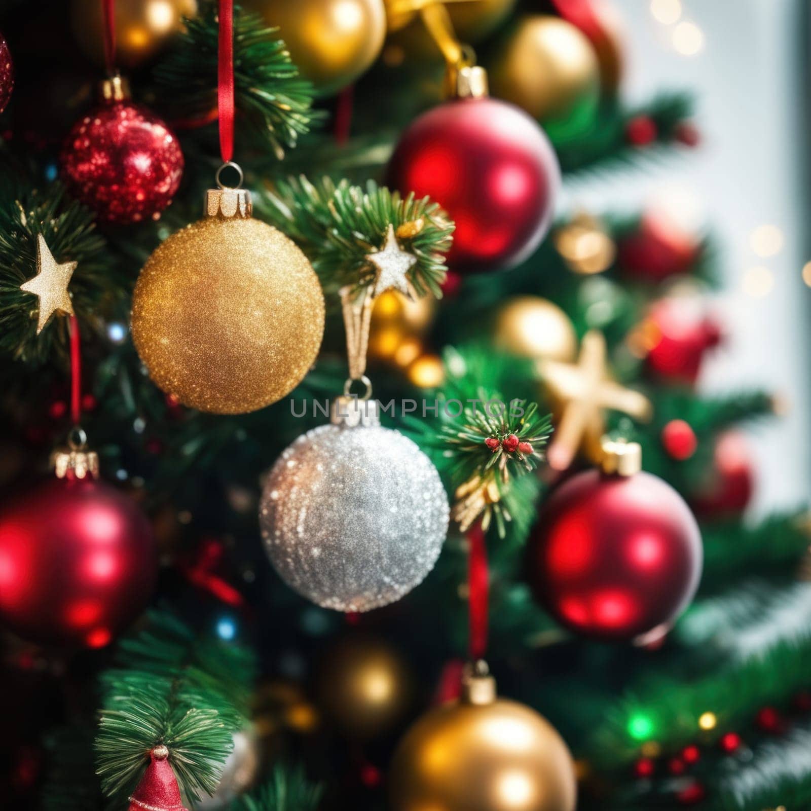 Close-UP of Christmas Tree, Red and Golden Ornaments against a Defocused Lights Background