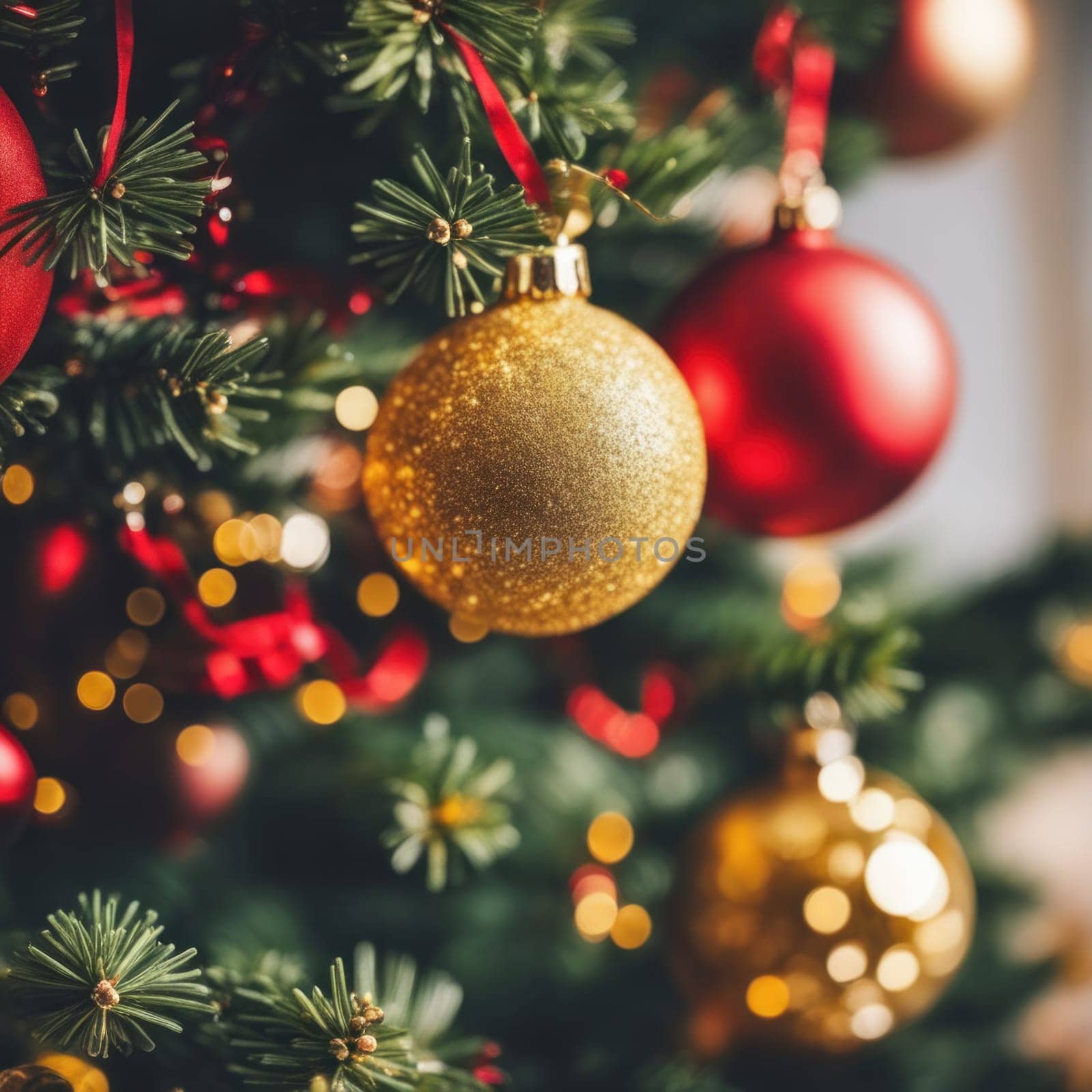 Close-UP of Christmas Tree, Red and Golden Ornaments against a Defocused Lights Background