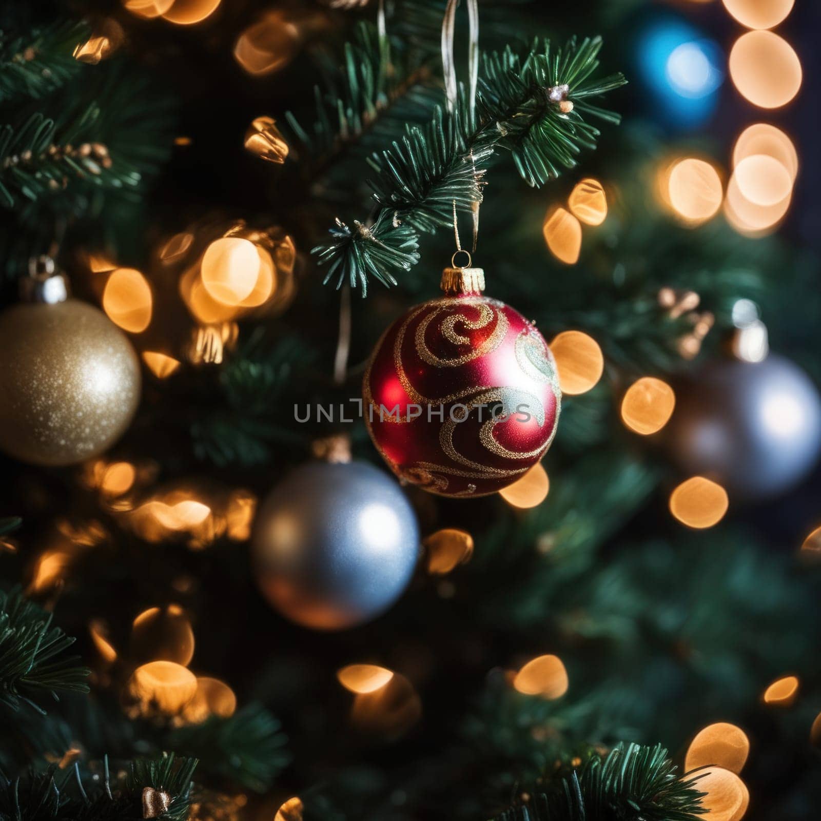 Close-UP of Christmas Tree, Red and Golden Ornaments against a Defocused Lights Background by shaadjutt36