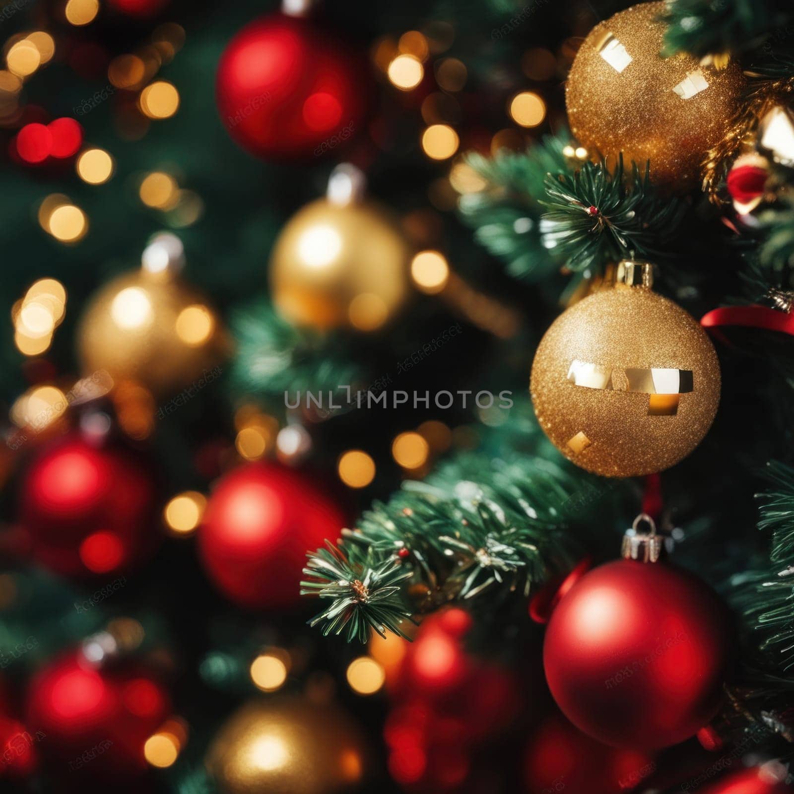 Close-UP of Christmas Tree, Red and Golden Ornaments against a Defocused Lights Background