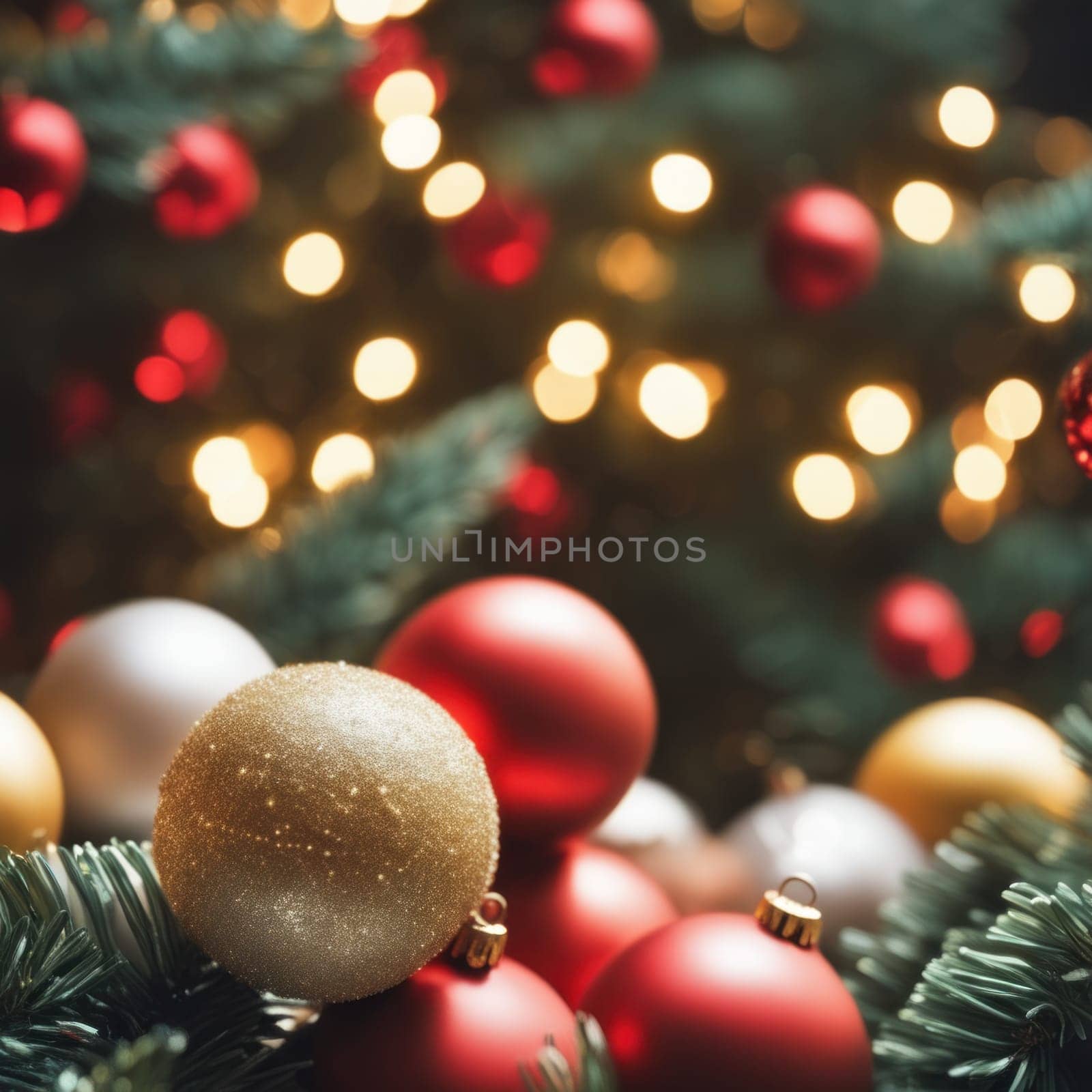 Close-UP of Christmas Tree, Red and Golden Ornaments against a Defocused Lights Background