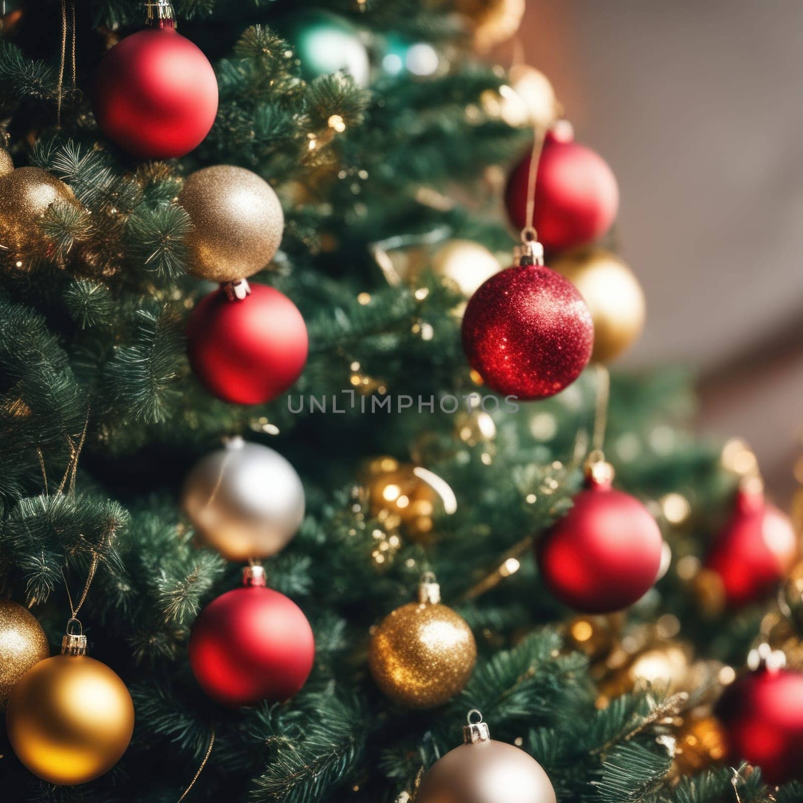 Close-UP of Christmas Tree, Red and Golden Ornaments against a Defocused Lights Background by shaadjutt36