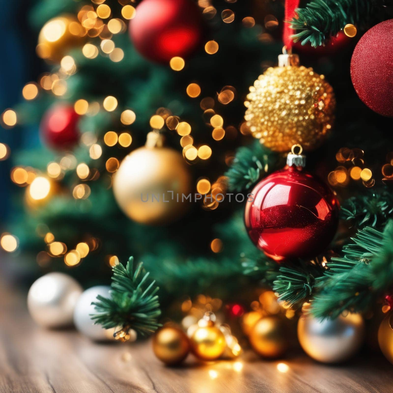 Close-UP of Christmas Tree, Red and Golden Ornaments against a Defocused Lights Background by shaadjutt36