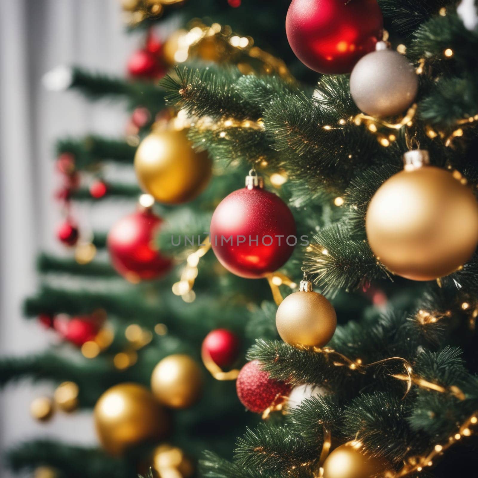 Close-UP of Christmas Tree, Red and Golden Ornaments against a Defocused Lights Background