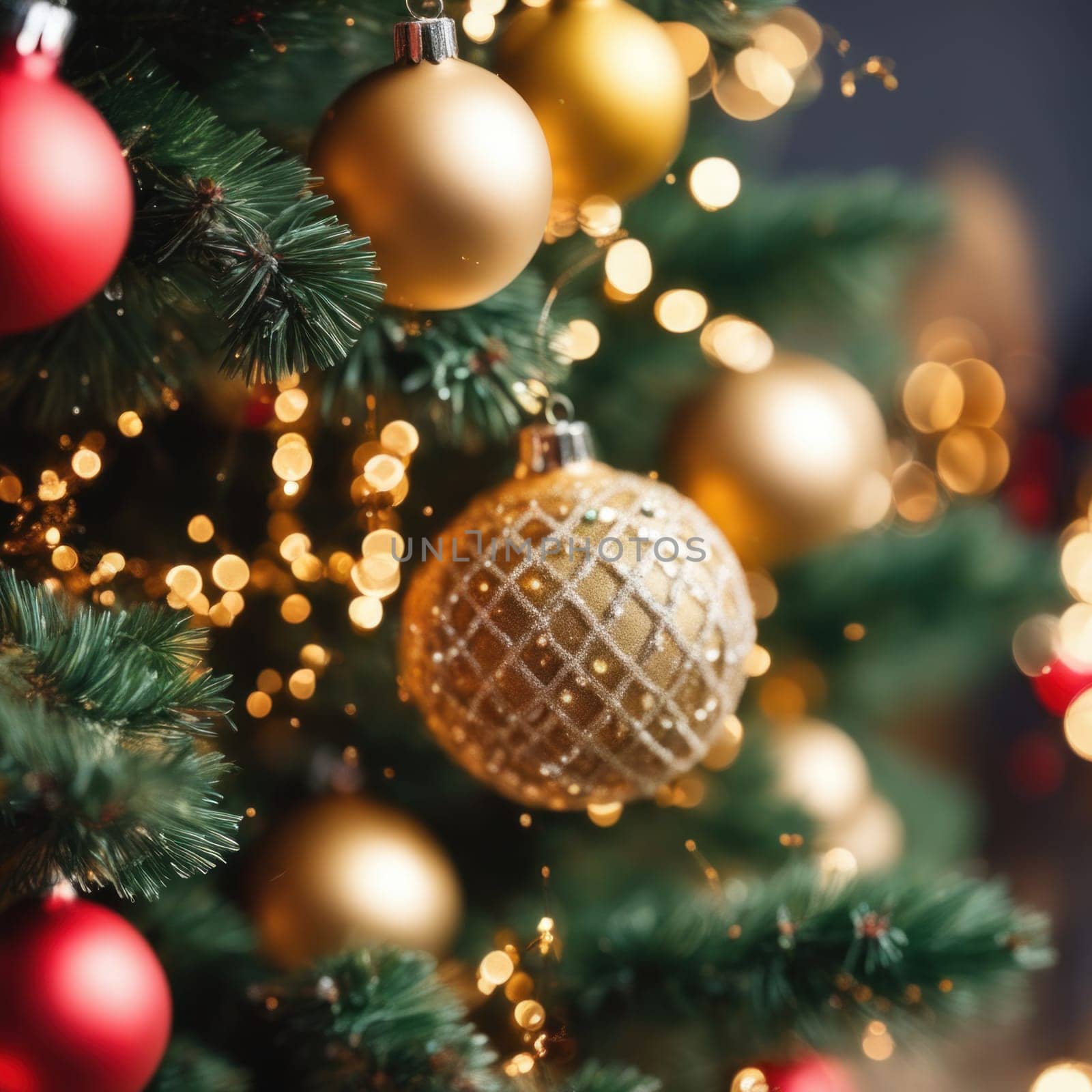 Close-UP of Christmas Tree, Red and Golden Ornaments against a Defocused Lights Background