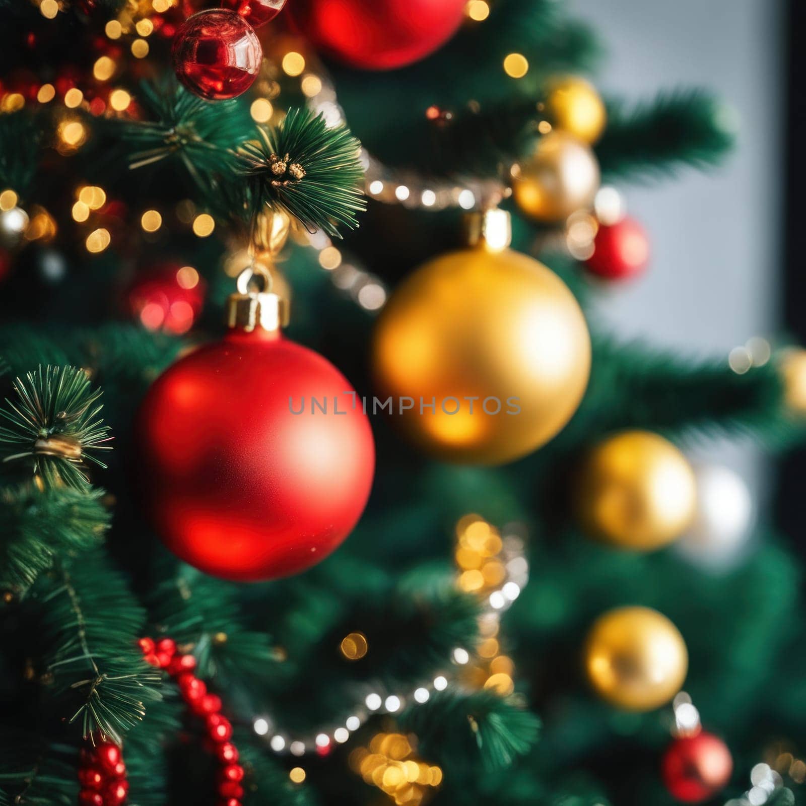 Close-UP of Christmas Tree, Red and Golden Ornaments against a Defocused Lights Background