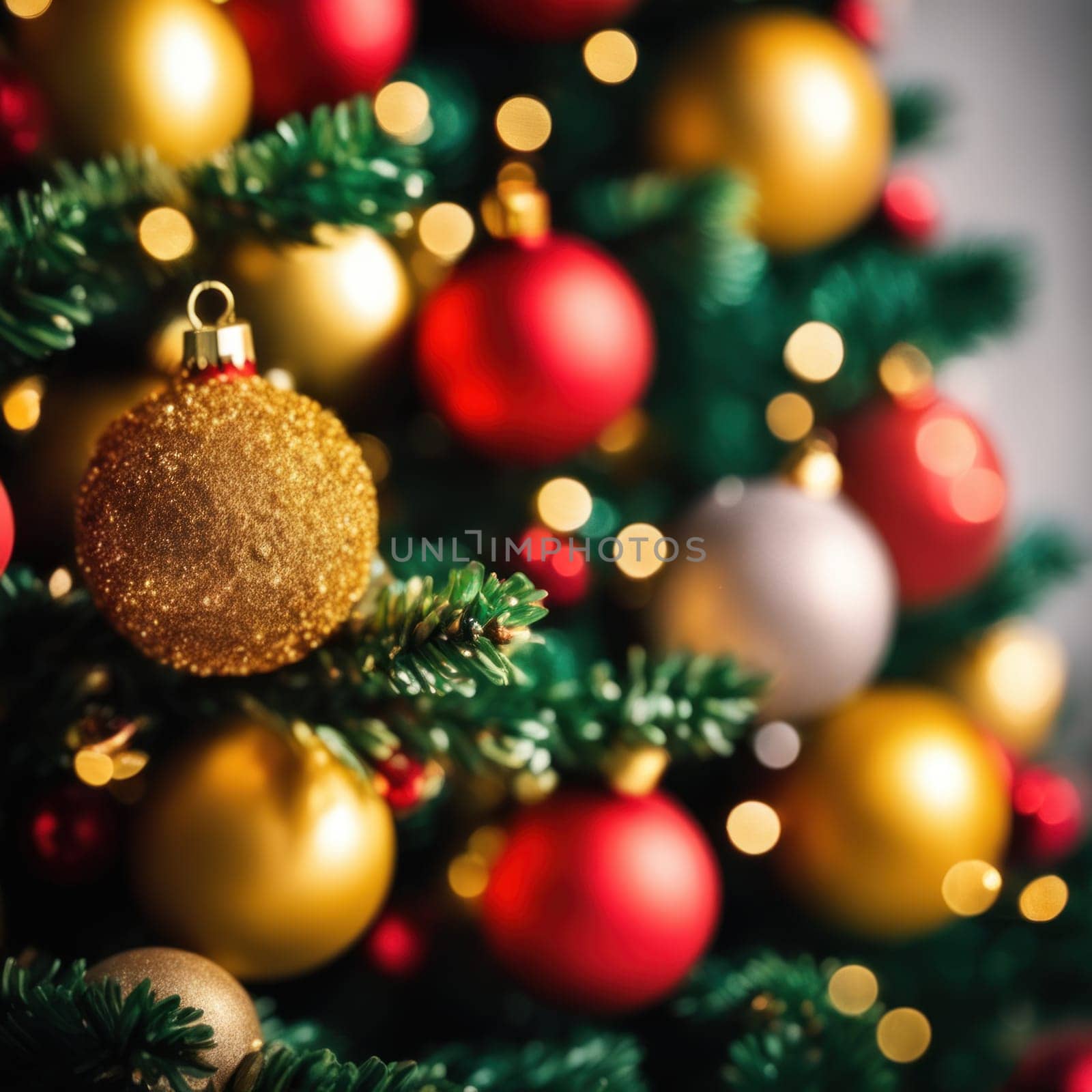 Close-UP of Christmas Tree, Red and Golden Ornaments against a Defocused Lights Background