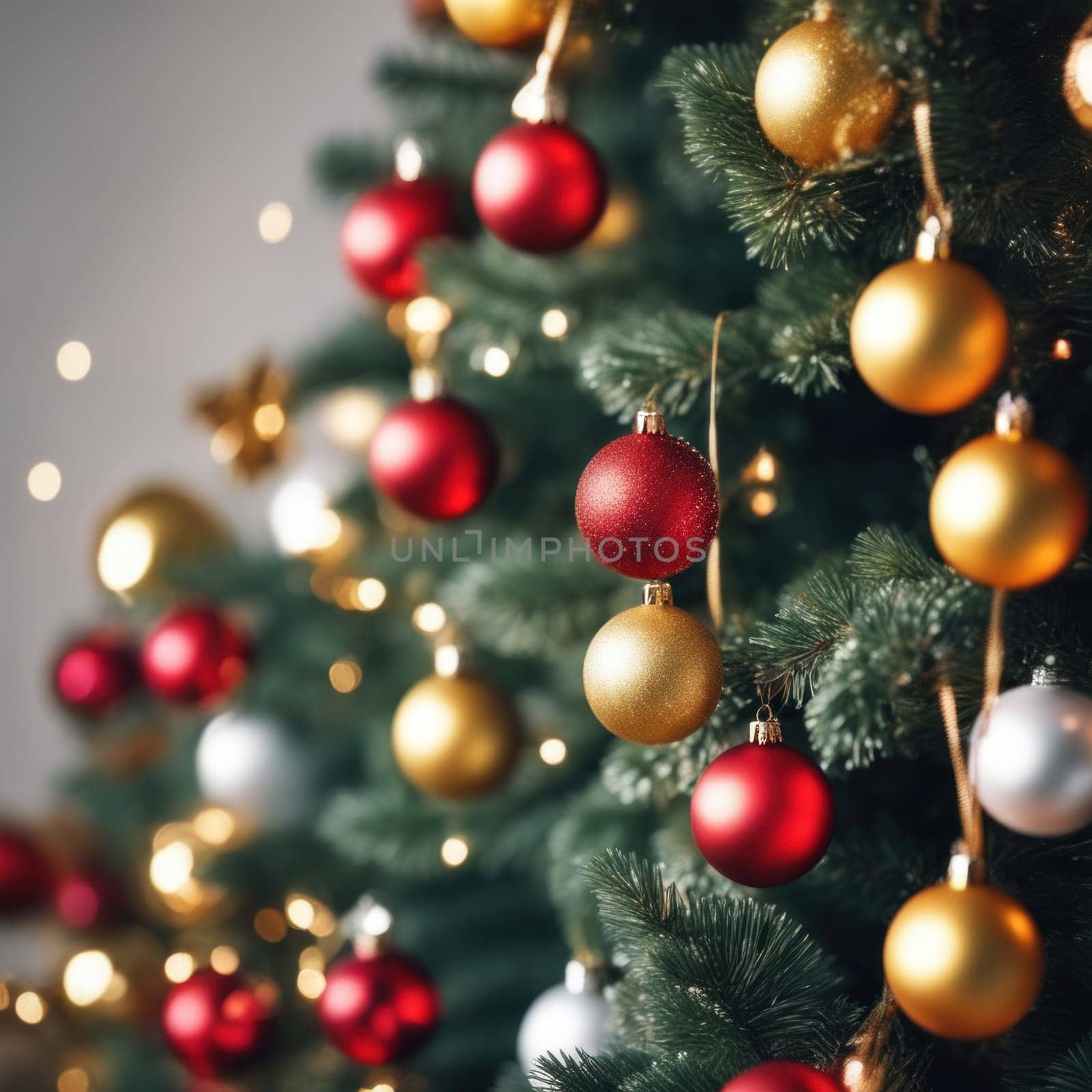 Close-UP of Christmas Tree, Red and Golden Ornaments against a Defocused Lights Background by shaadjutt36