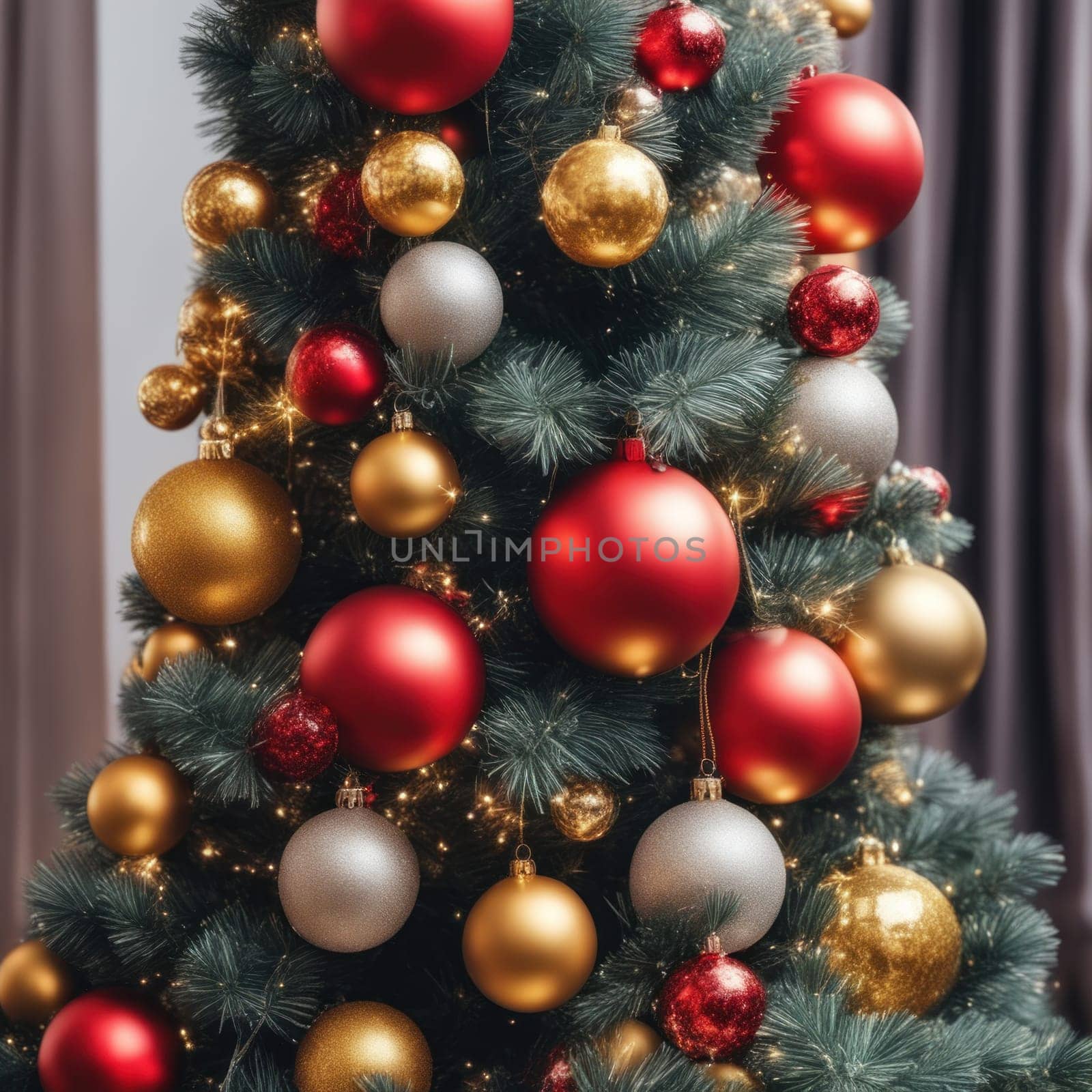 Close-UP of Christmas Tree, Red and Golden Ornaments against a Defocused Lights Background