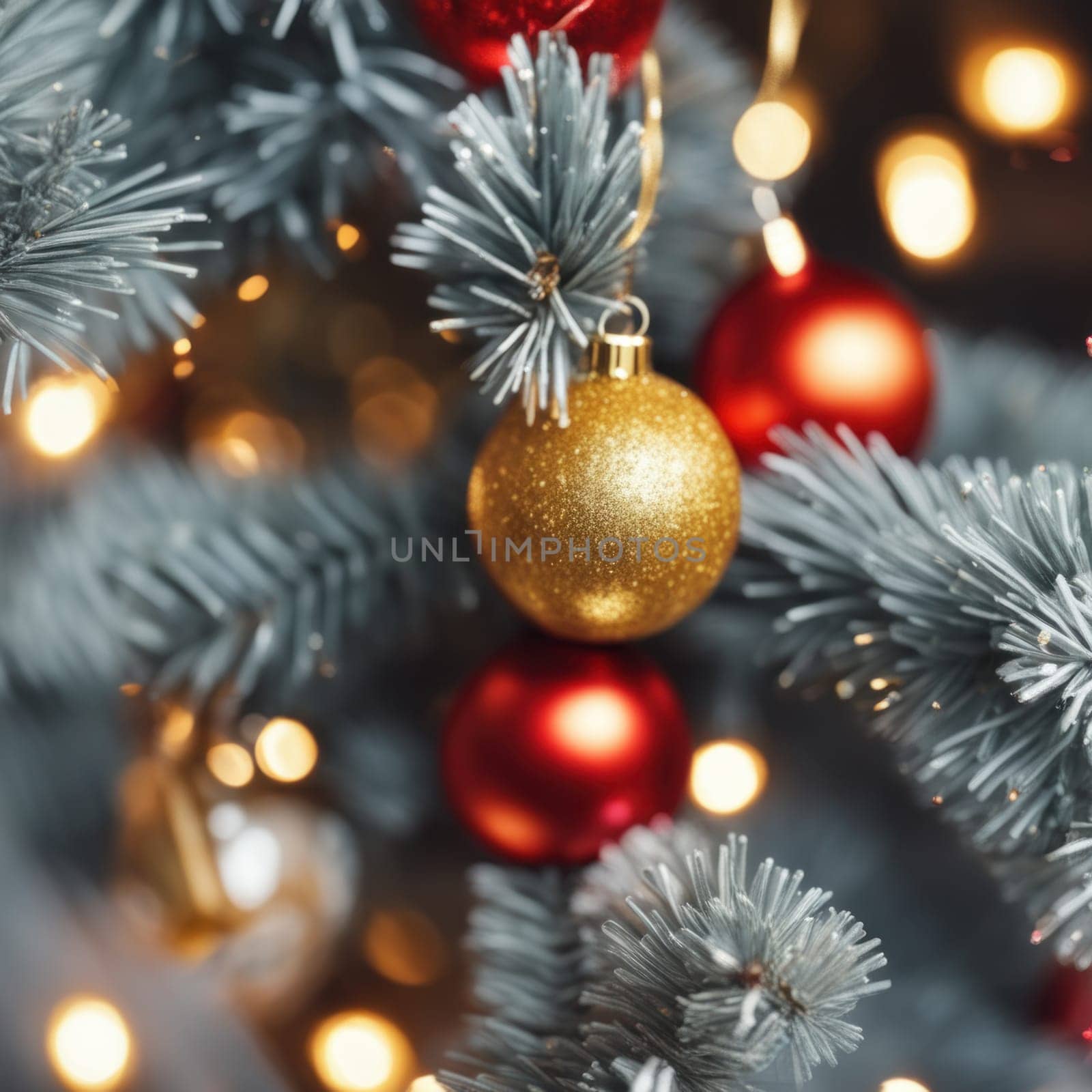 Close-UP of Christmas Tree, Red and Golden Ornaments against a Defocused Lights Background